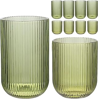 Set of 8 Ribbed Glassware,4 Highball Glasses 14oz & 4 Rocks Drinking Glasses 9oz, Green, Origami Style, Fluted Design, for Milk, Water, Cocktail, Juice, Beer, ToothBrush Cup, Gift