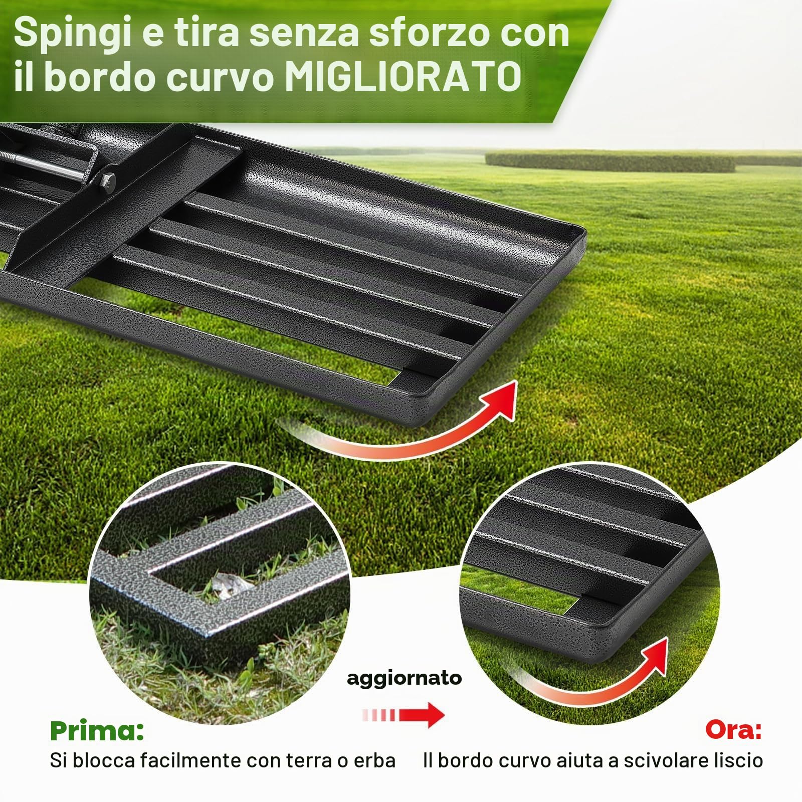 Rastrello Raschietto per prato, in acciaio inox, da 157 cm, per livellare erba di campi da golf, erba di giardini, prati, cortili interni (76 x 25 cm)