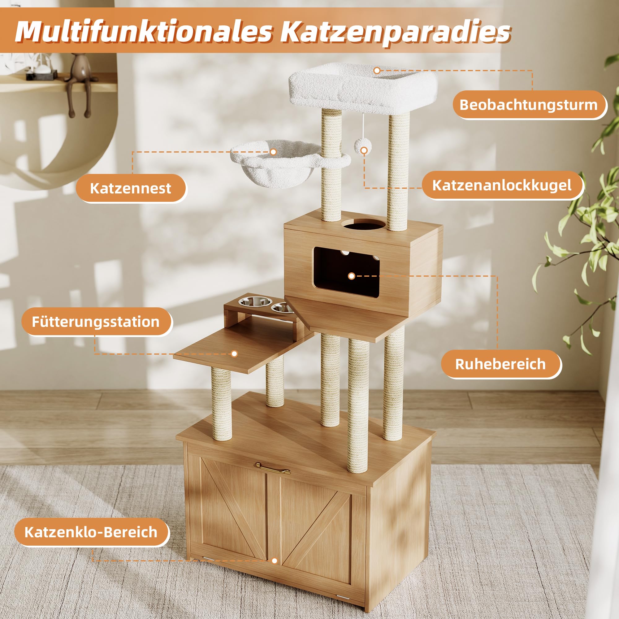 Tiragraffi alto 173 cm, cuccia per gatti con grande piattaforma, mangiatoia, 1 amaca e armadietto per gatti (senza lettiera), albero tiragraffi per gatti grandi e gattini, legno naturale