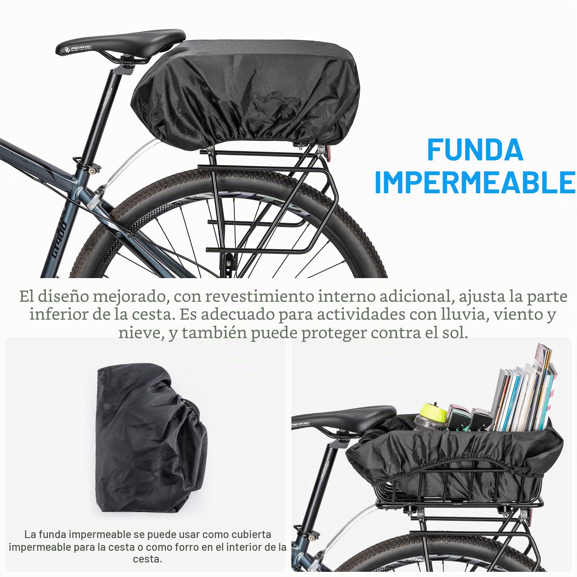 Cesta trasera para bicicleta grande con red y cubierta, negro