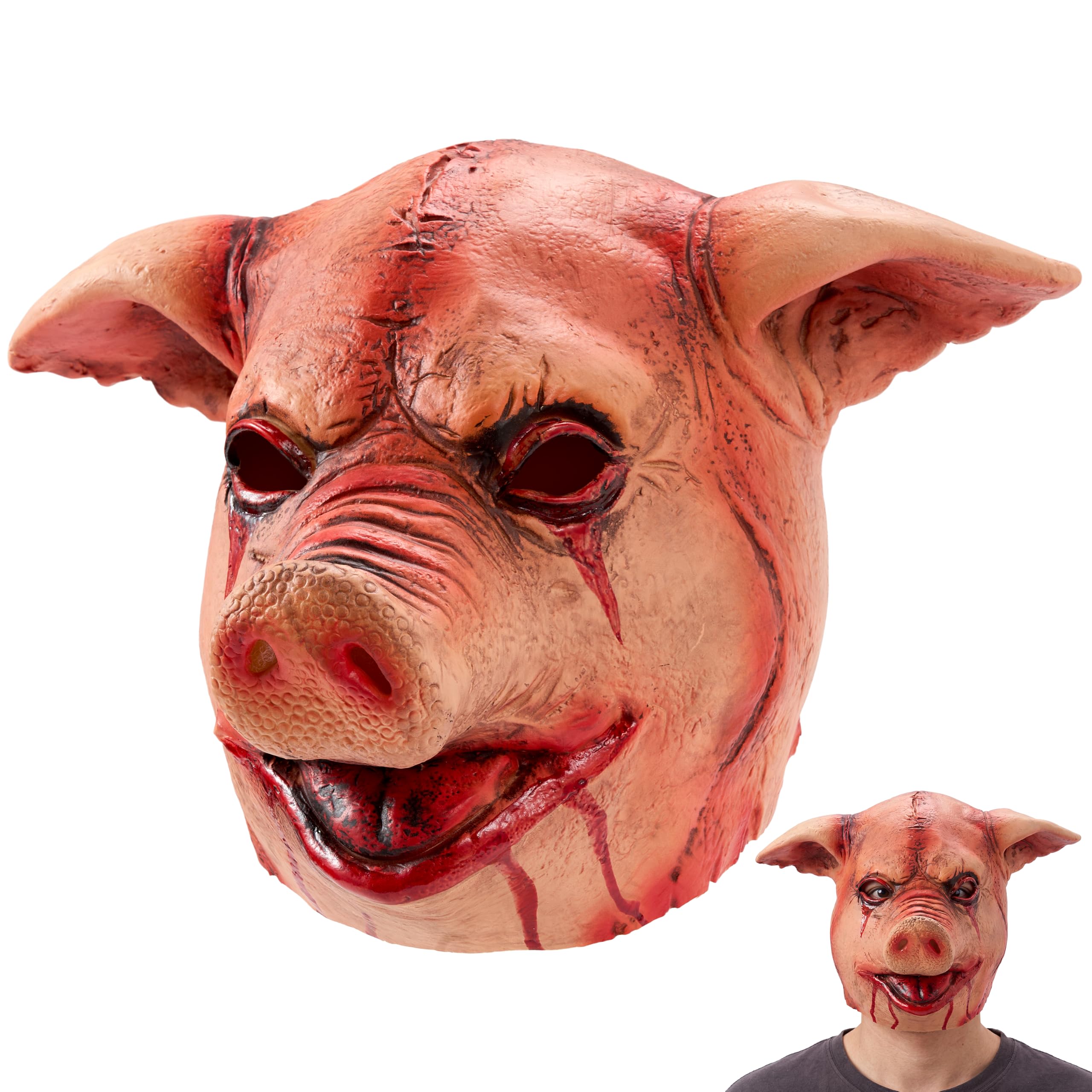 Spooktacular Creations Halloween Scary Pig Mask, Creepy Latex Animal Face Mask with Blood, Realistic Horror Costume Accessory for Adults, Haunted House Props & Party Cosplay Dress Up