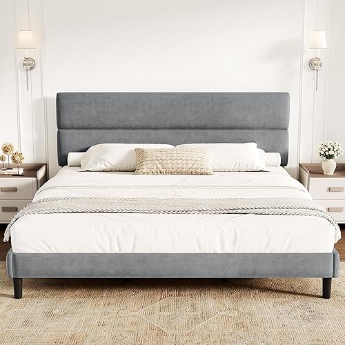 Miniatura 9 de Base de cama de plataforma tamaño Queen con cabecera de terciopelo, soporte de listones de madera de altura ajustable, base de colchón tapizada, se