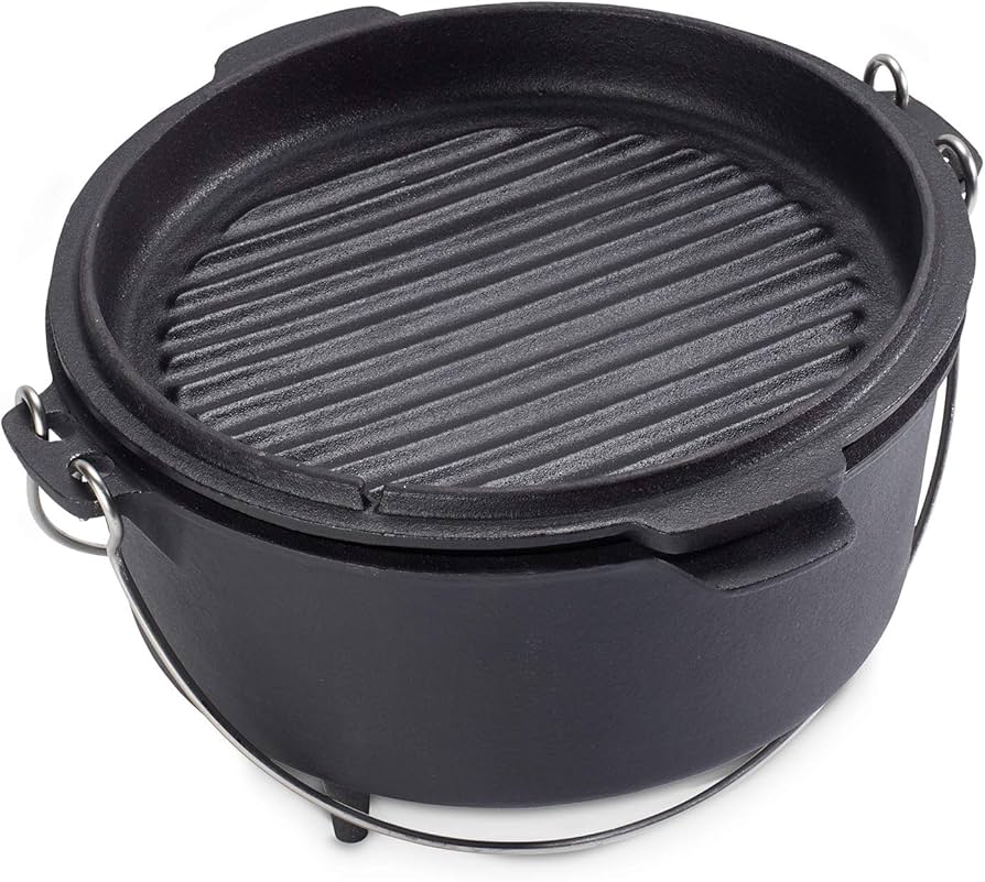 Echtwerk EW-GE-1225 Dutch Oven BBQ Kochtopf ca. 8 L, Bereits eingebrannt - preseasoned, Deckel mit Edelstahl Henkel als Pfanne nutzbar, Grilltopf für Indoor und Outdoor, Big-Edition, Gusseisen