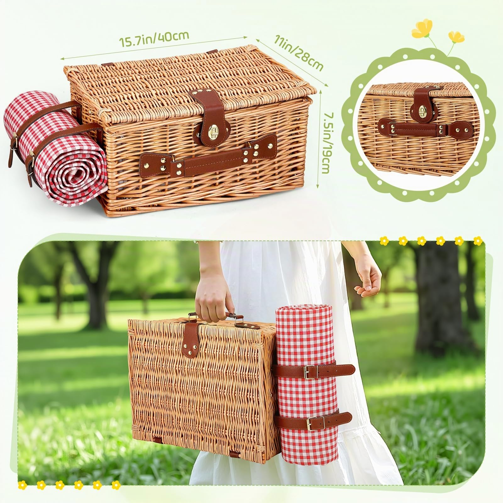 Picknickkorb für 4 Personen, handgeflochtener Korb mit eingebauter Isolierung und wasserdichter Decke – komplettes Picknick-Set mit 4 Bestecksets, Tellern, Weingläsern für Camping,Garten,Hiking, BBQ