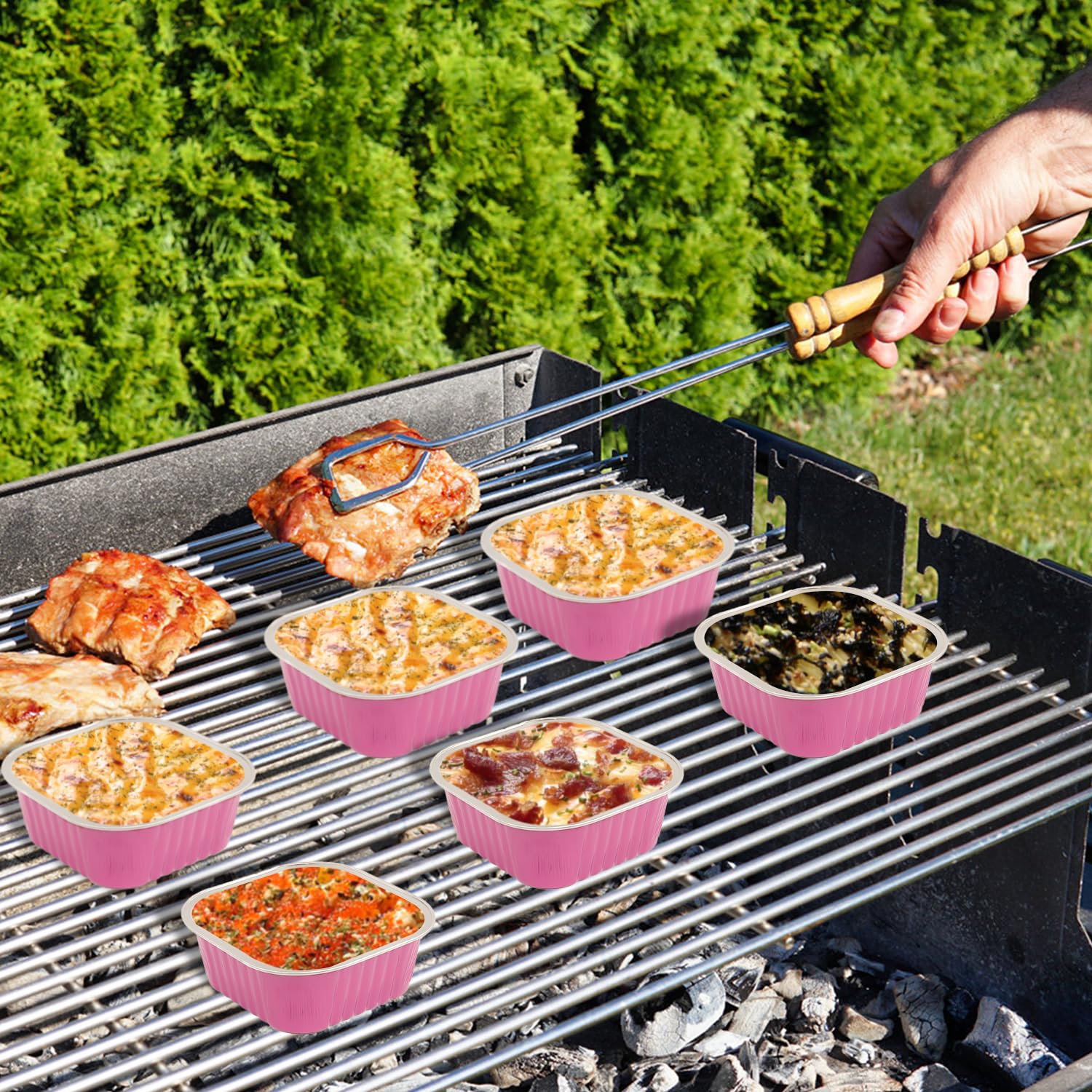 Lot de 50 moules de cuisson carrés réutilisables en aluminium avec couvercles, 300 ml, pour cupcakes et pudding, flan, crème brûlée, gelée pour desserts, restauration (rose)