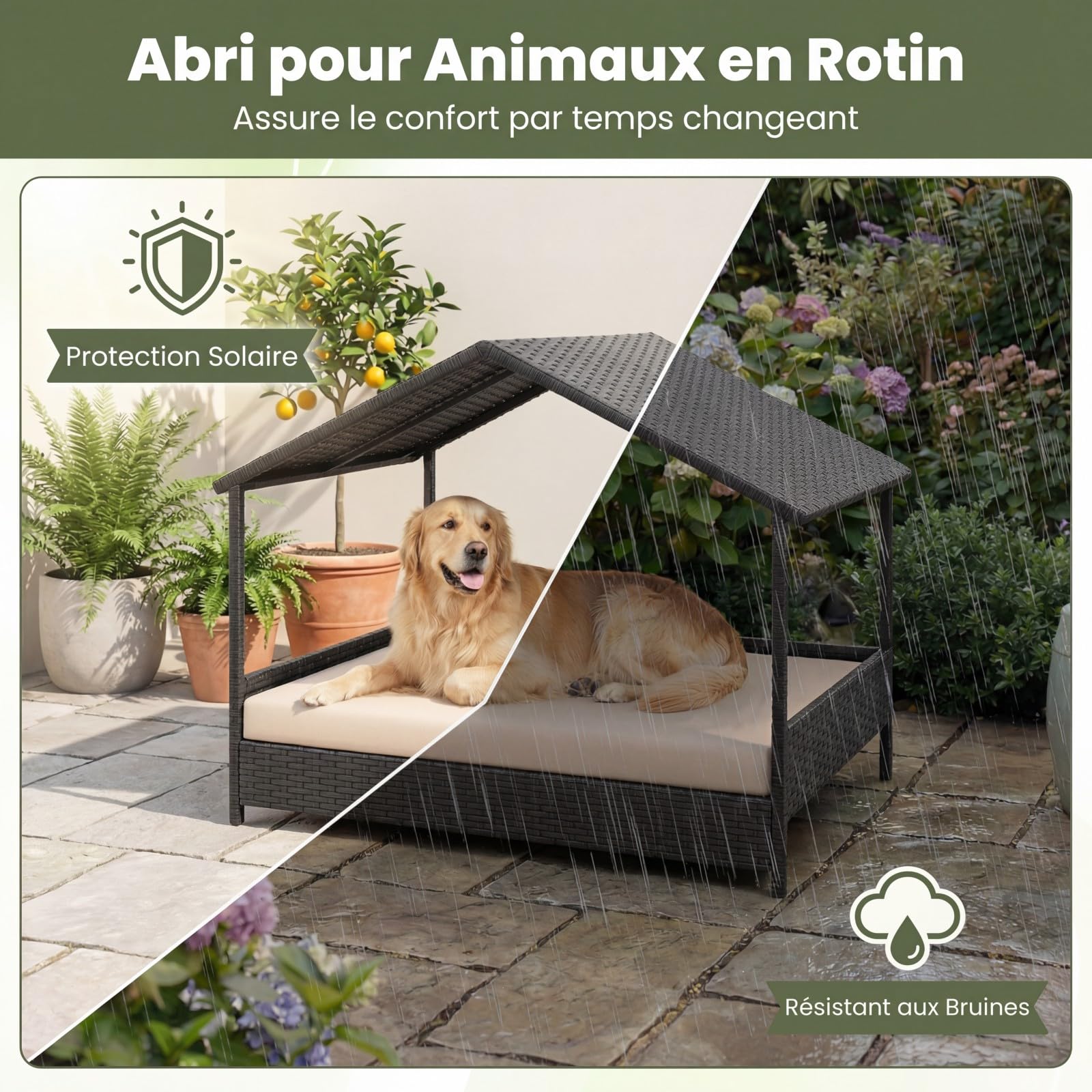 GYMAX Lit pour Chien Surélevé Extérieur avec Coussin, Panier pour Chien en Rotin PE avec Toit en Pente, Cadre en Métal Robuste, Bonne Ventilation, Abri Chiot 98 x 68 x 74 cm (Beige)