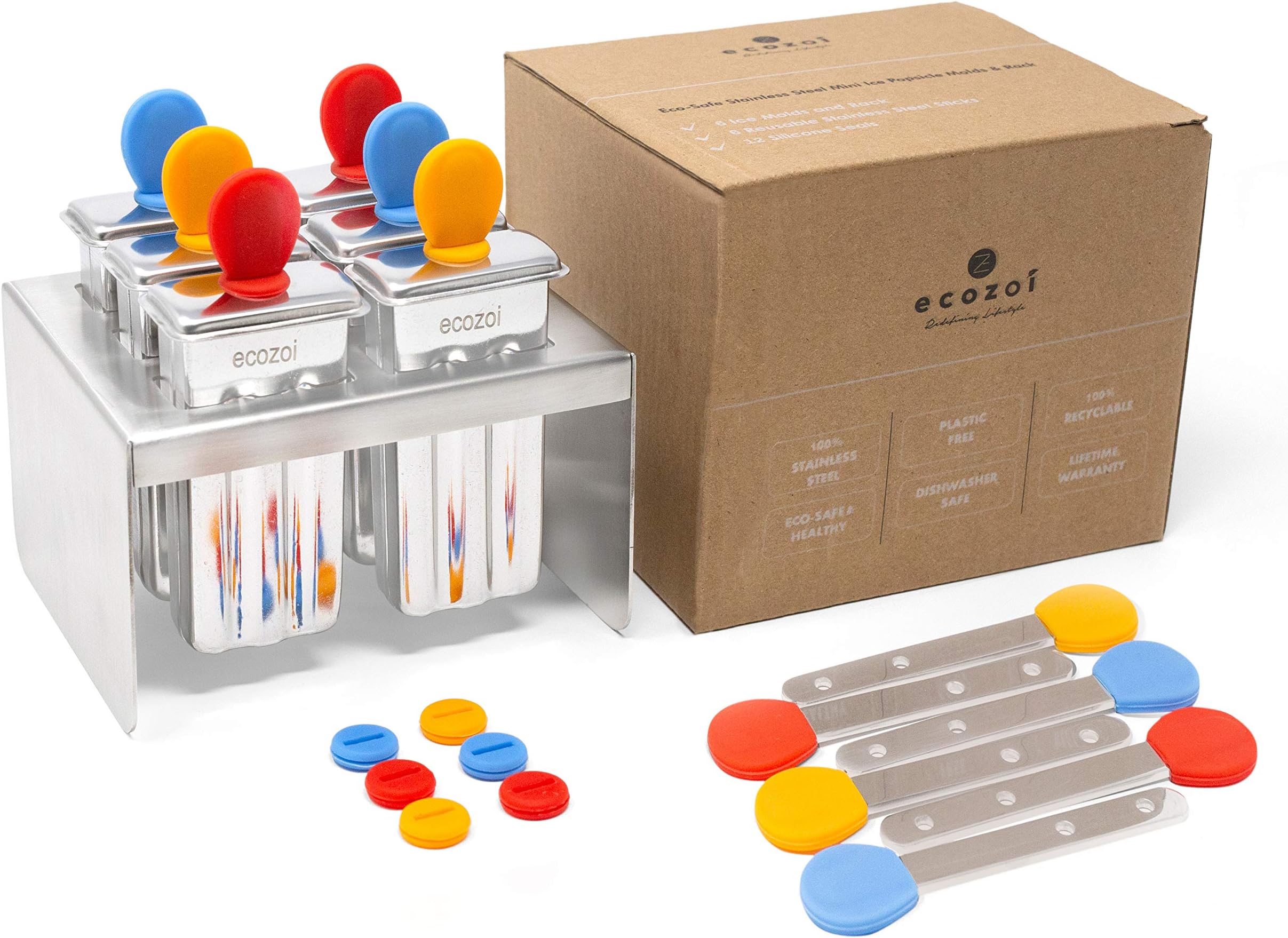 Stainless Steel Popsicle Molds, 6 Mini Popsicle Makers, 6 Reusable Stainless Steel Sticks, 12 Silicone Seals and 1 Rack, Eco Popsicle Molds for Kids and Adults, 2 oz Per Mold (Square)
