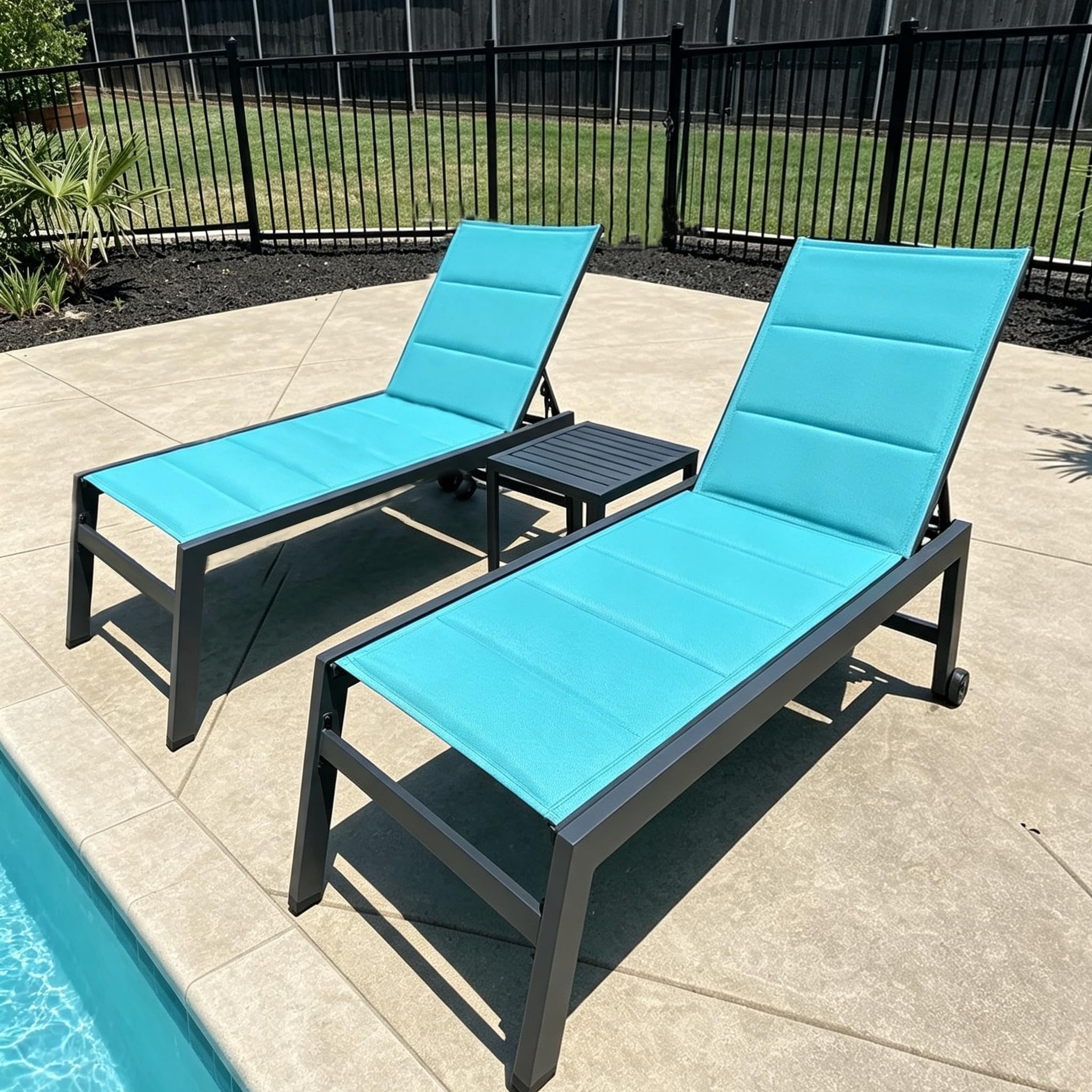 PURPLE LEAF Oversized Patio Chaise Lounge Set of 2 w/Wheels Turquoise Blue