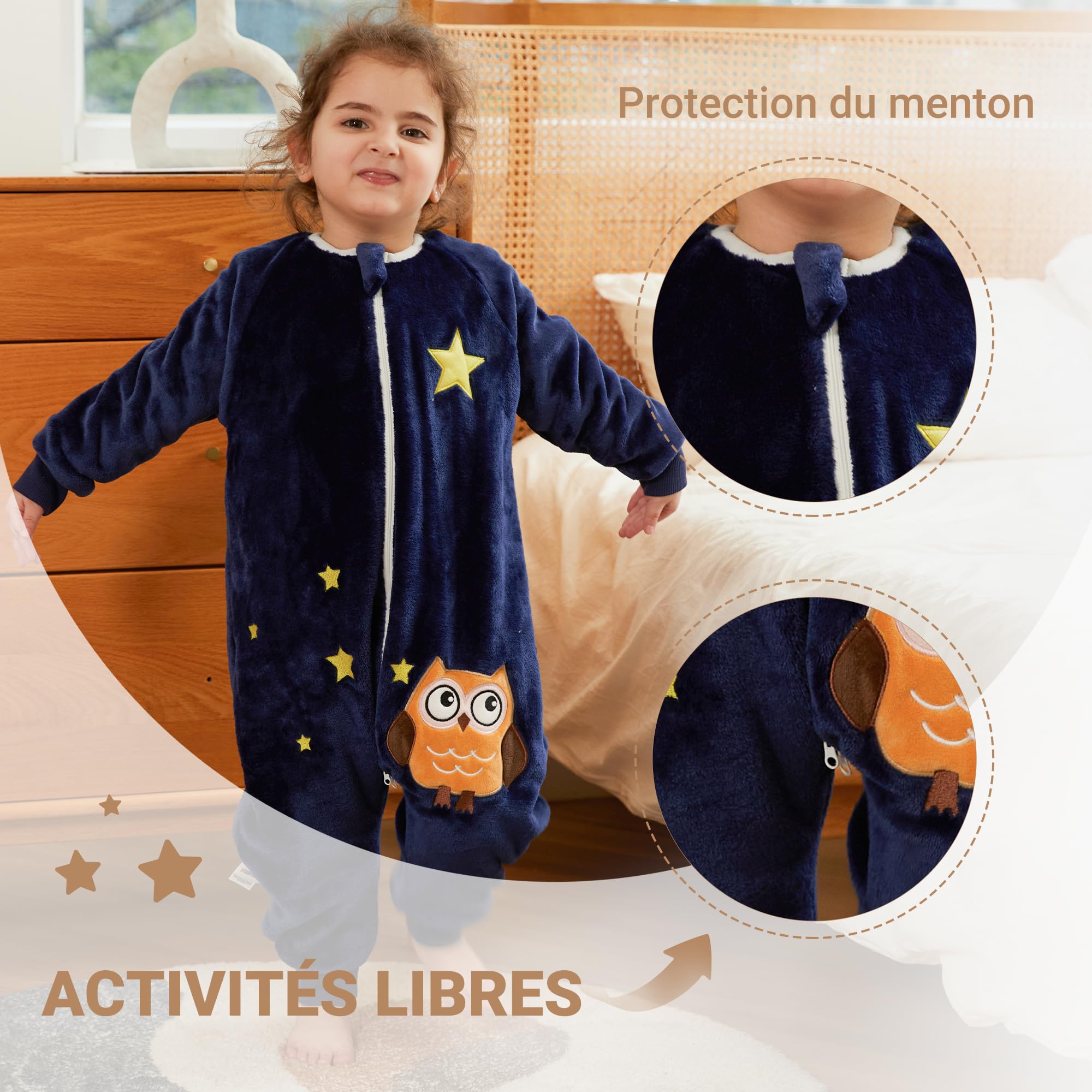 XQ&XG Bebe Gigoteuse a Pied, Unisexe Gigoteuse avec Jambes pour 4 Saisons, Gigoteuse à manches longues 2.0 TOG, Turbulette a Pied pour Garçon Fille, La Chouette, 90