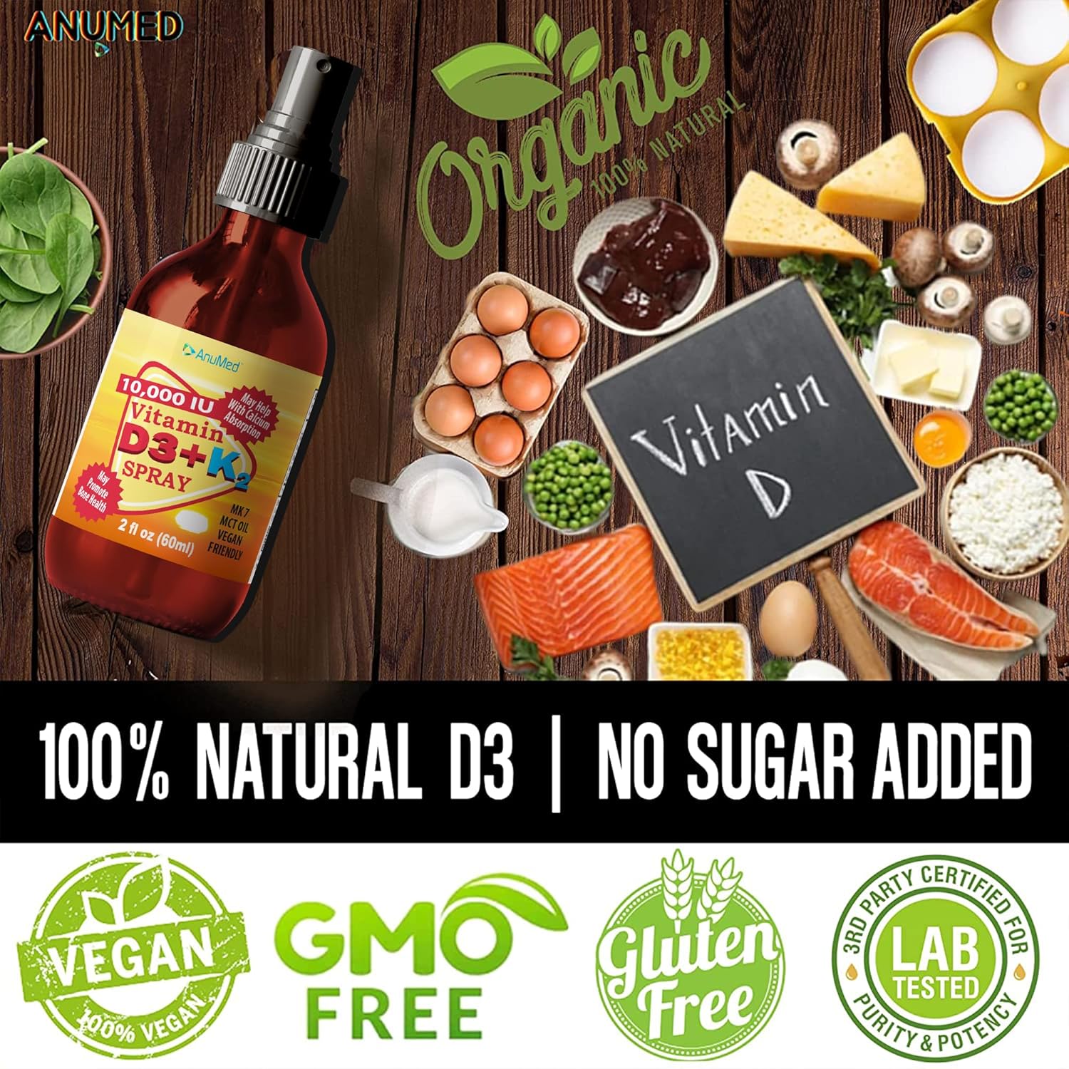 Vitamin D3 K2 10,000 IU Liquid Spray with Organic MCT Oil, Vitamin A (Retinol) 1250mcg, K2 (MK4,MK7) Promotes Heart, Bones, Immune System. 100% Vegan, Non-GMO, Gluten-Free, No Sugar Added (2oz)