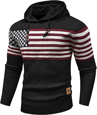 Zaitun Mens Hooded Sweatshirt Long Sleeve American Flag Knitted Hoodie Pullover Sweater