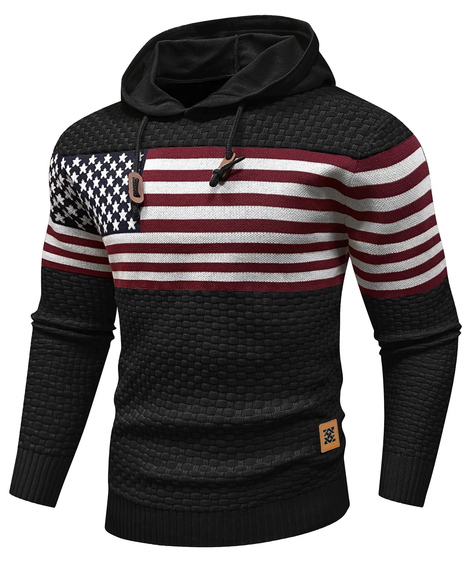 Zaitun Mens Hooded Sweatshirt Long Sleeve American Flag Knitted Hoodie Pullover Sweater