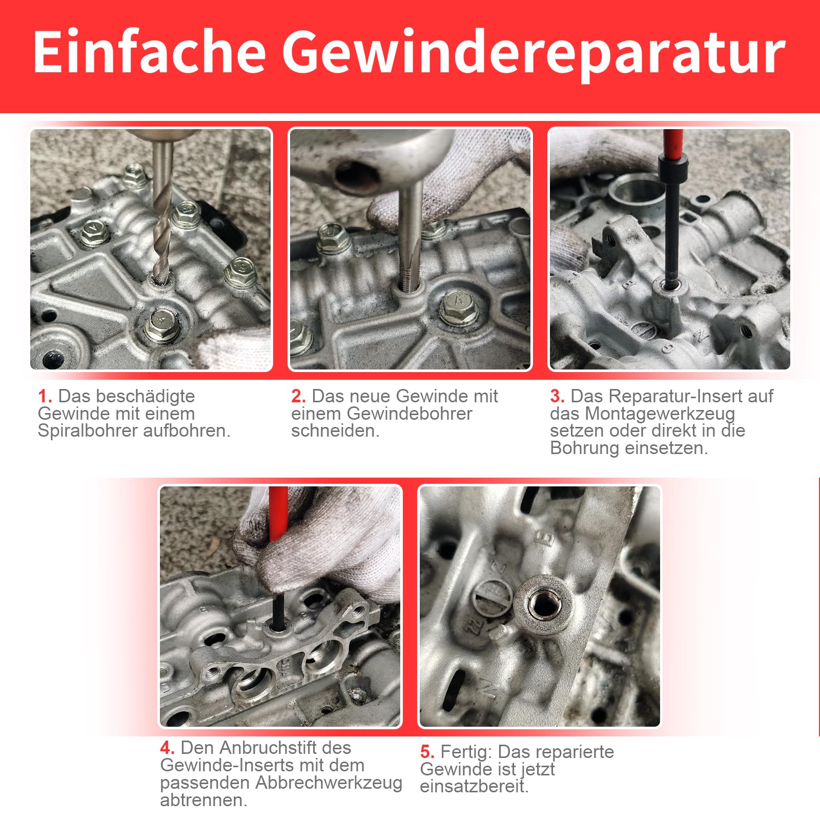 BILITOOLS M8x1,25 Gewindereparatursatz | Helicoil Edelstahl Gewindeeinsätze mit HSS Bohrer & Einbauwerkzeug