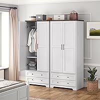 Brafab 71" White Armoire Wardrobe Set of 2 with Modern Doors, Drawers, Hanging Rail & Adjustable Shelf - Freestanding Bedroom Closet
