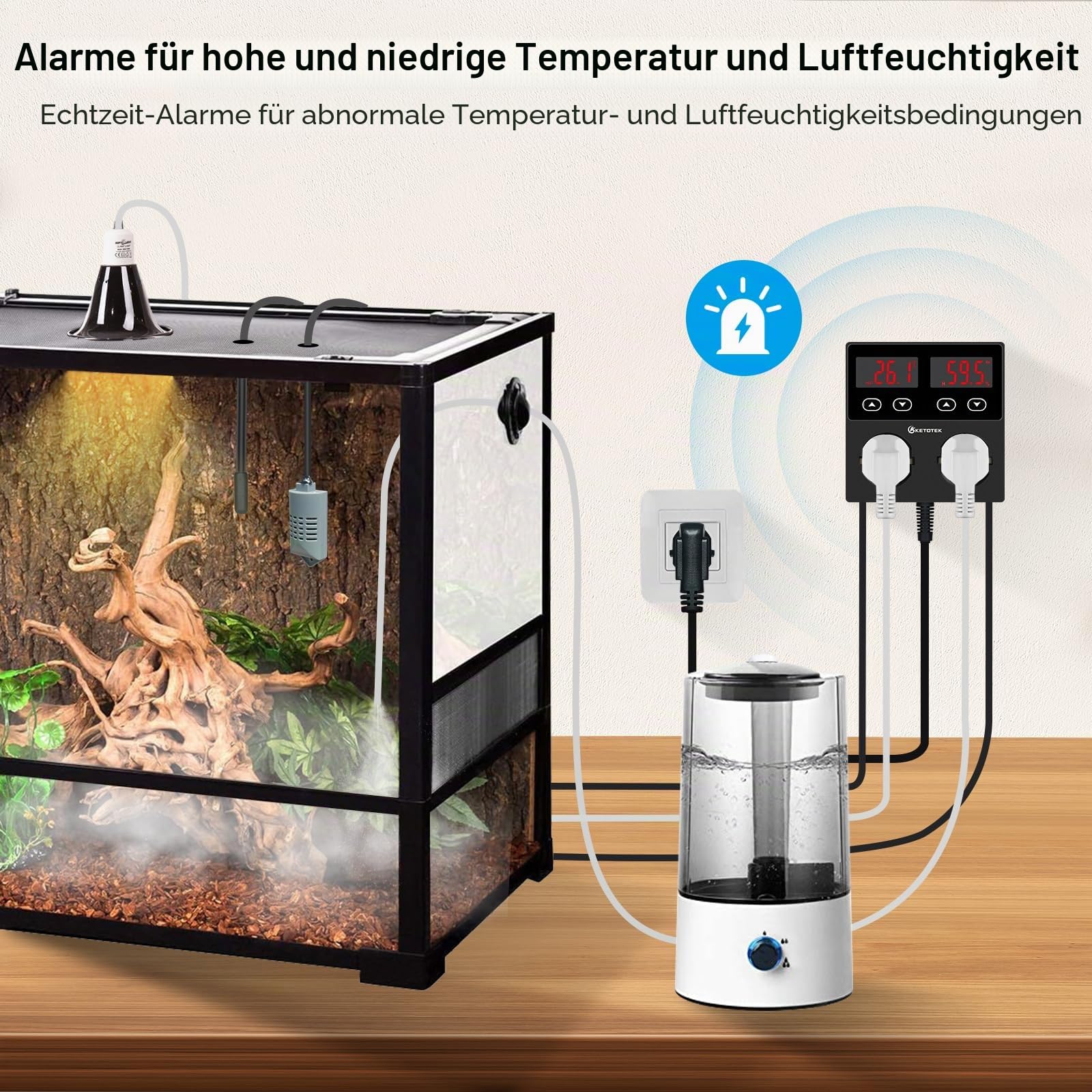 KETOTEK Thermostat Hygrostat Steckdose Digital, Temperaturregler Feuchtigkeitregler Steckdose mit 2 Fühler 230V, Temperatur Feuchtigkeit Regler für Gewächshaus Pilz Terrarium