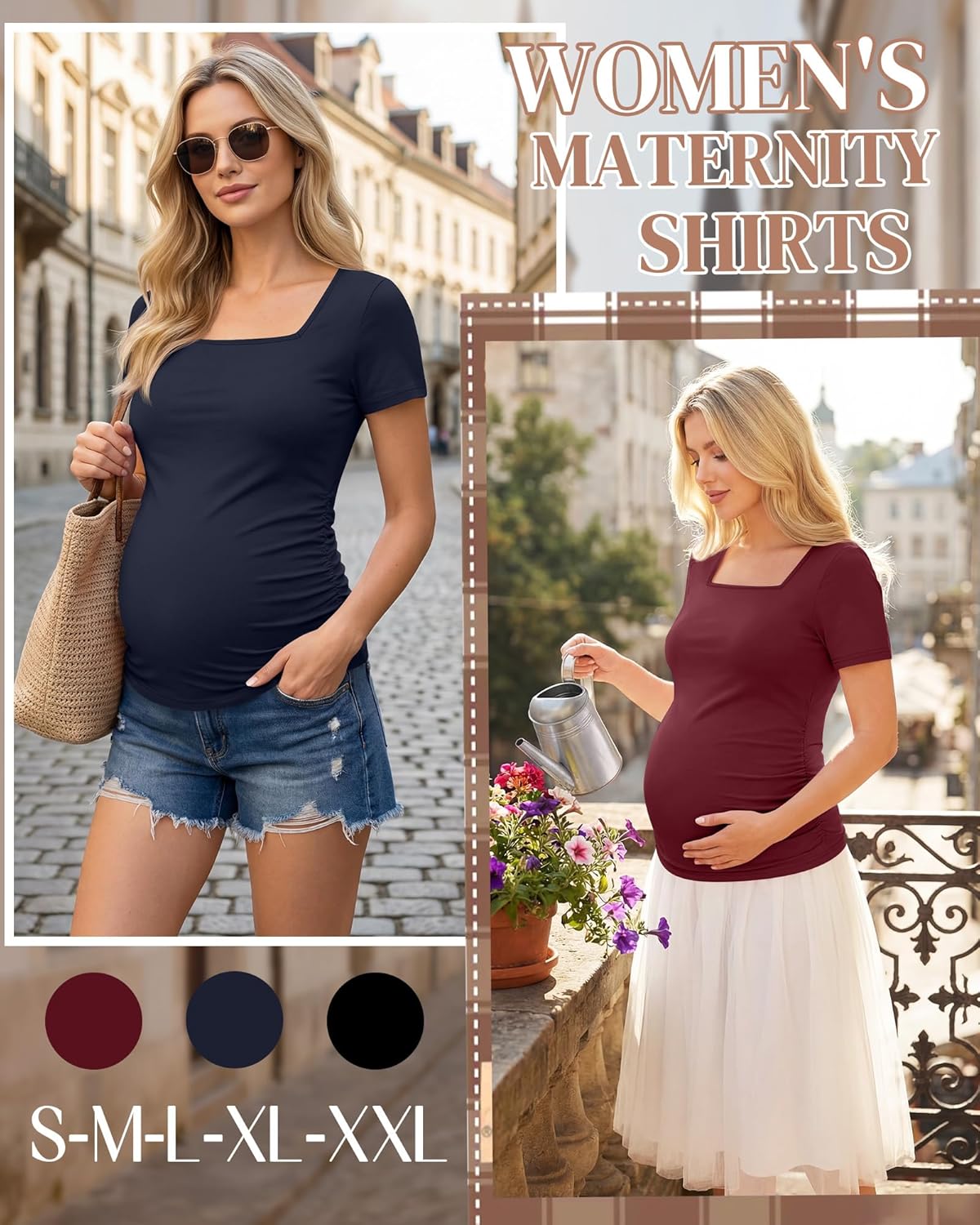 3 Pack Women's Maternity Shirts Square Neck Side Ruched Short Sleeve Maternity Tops Casual Knitted Pregnancy Tees - Image 3