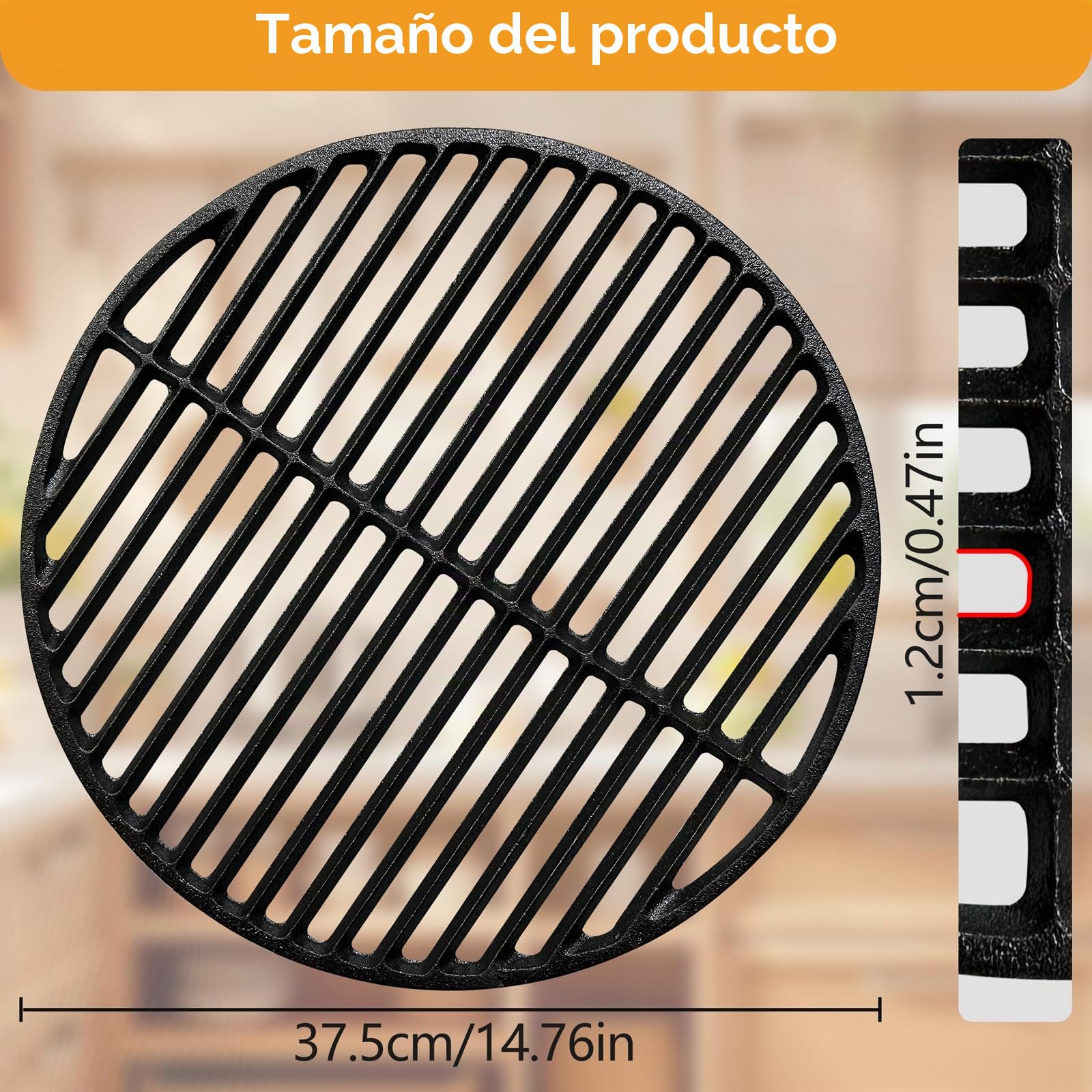 Parrilla de hierro fundido, placa de parrilla para parrilla redonda de hierro fundido, parrillas de carbón y gas, parrilla de 37,5 cm, cocción negra para parrilla resistente como reemplazo