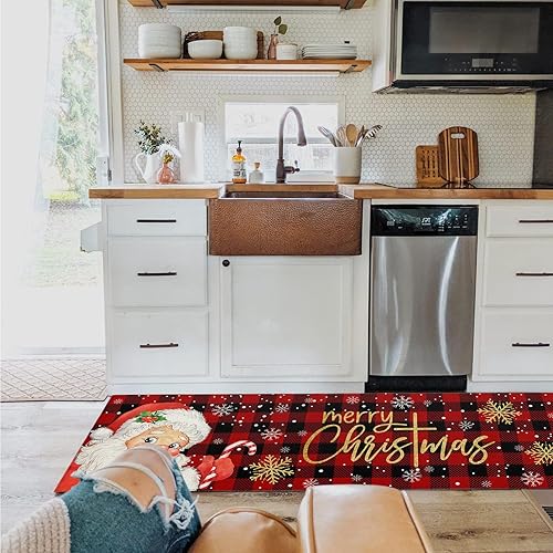 Miniatura 3 de Alfombra de camino de cocina, tapete de camino de Navidad, Papá Noel, rojo, negro, búfalo, copos de nieve, Navidad, invierno, antideslizante, tapete