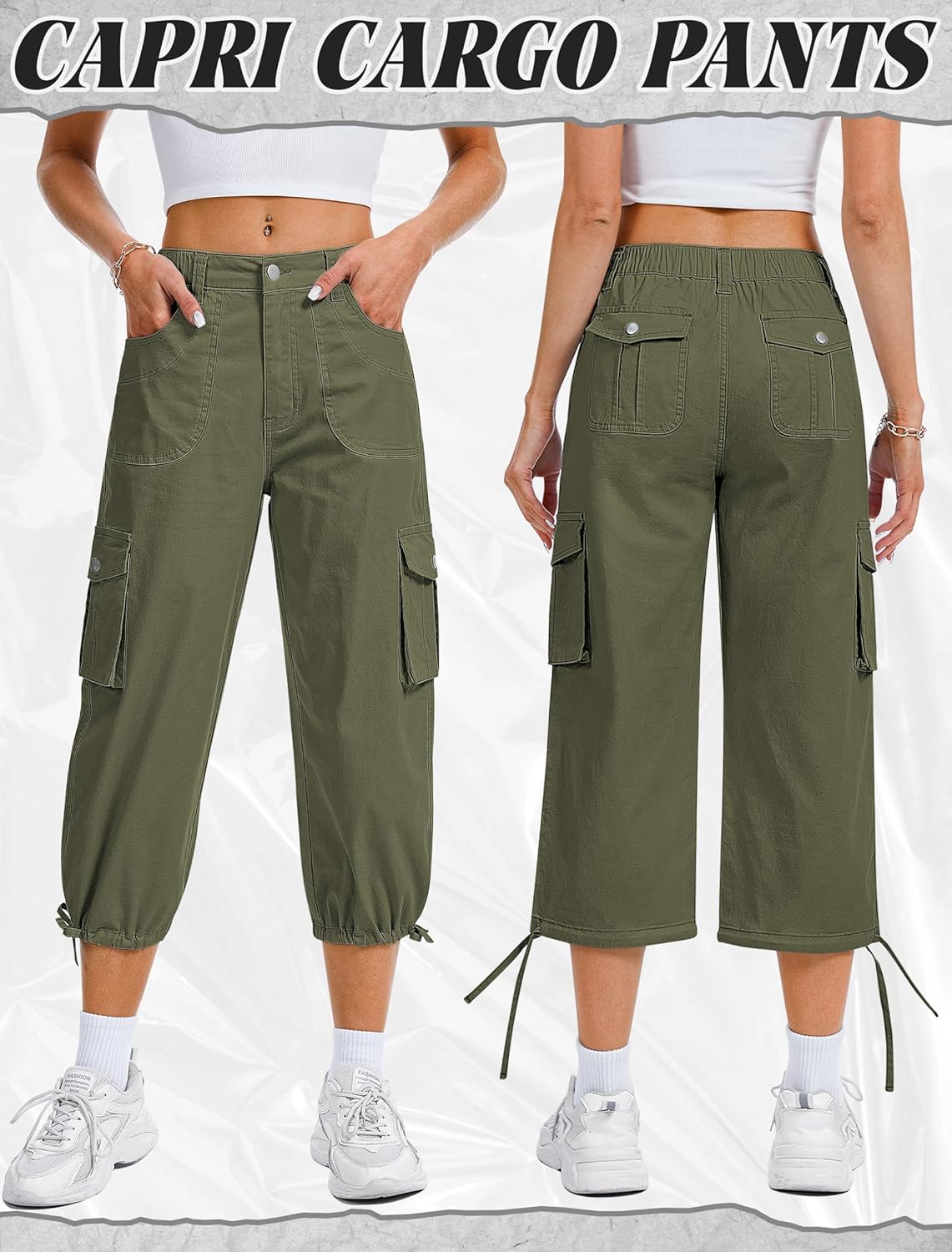 Women's Cargo Capris Pants, Casual Elastic Waist Hiking Pants 2026 Summer Baggy Pants with 6 Pockets - Image 4