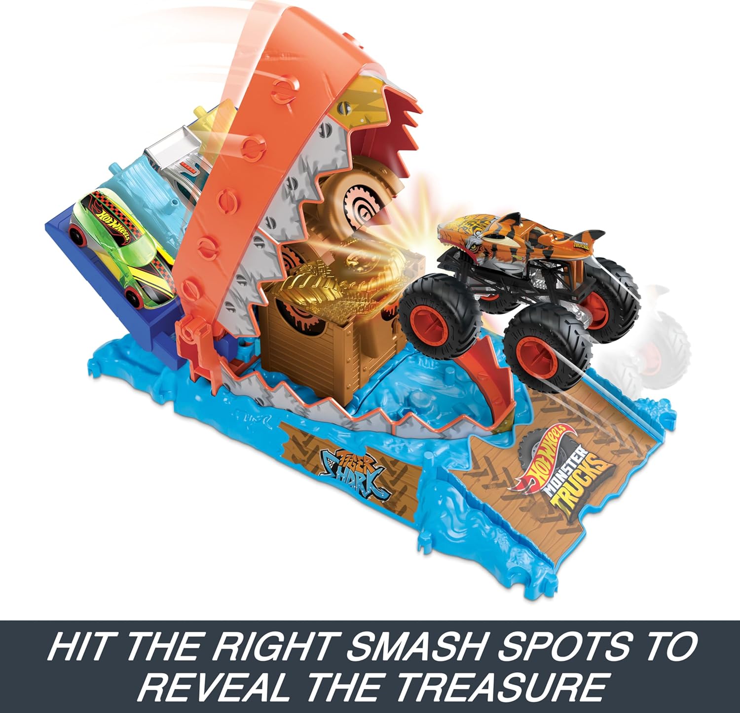 Hot Wheels Monster Trucks Arena Smashers Playset showing the Tiger Shark monster truck hitting a smash spot to reveal the treasure