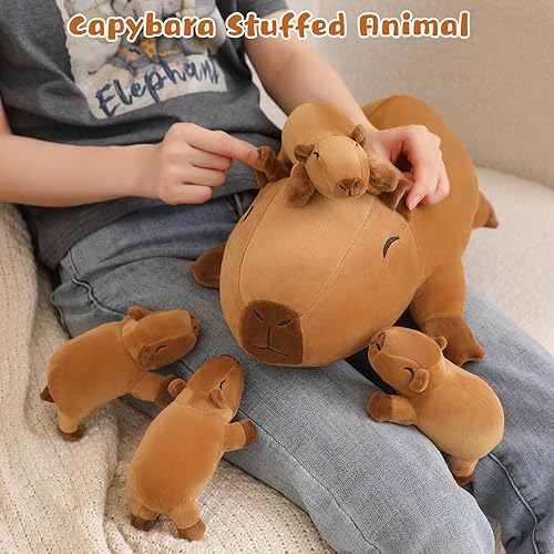 Miniatura 6 de Almohada de capibara, adorable almohada de peluche de animal, con 4 peluches bebés en su barriga, de algodón suave, regalo para niños