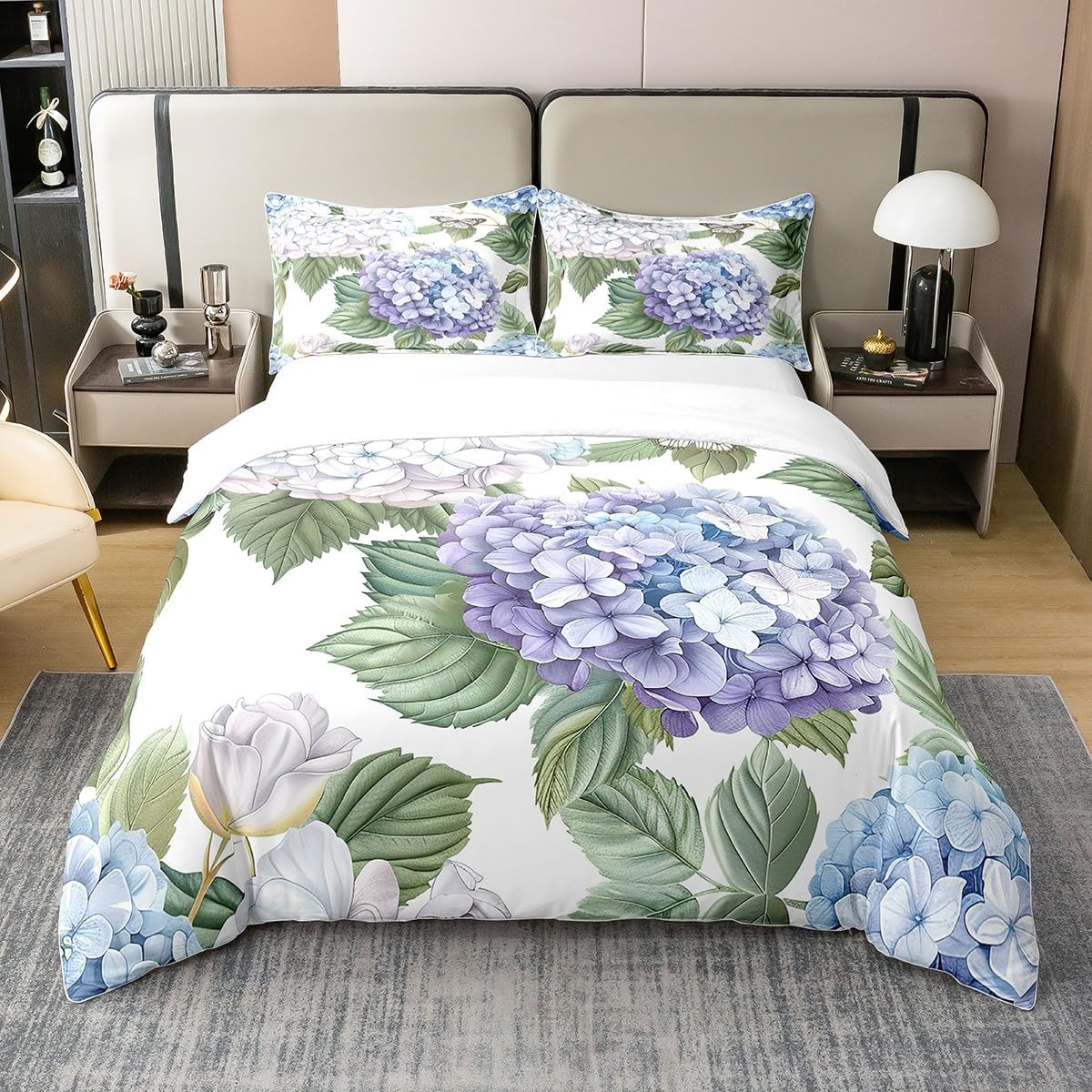 100% Cotton Hydrangea Duvet Cover Queen Size 3D Blooming Flowers Garden Plants Bedding Set for Kids Girls Women Wild Butterfly Watercolor Gradient Floral Comforter Cover,2 Pillowcases,No Comforter