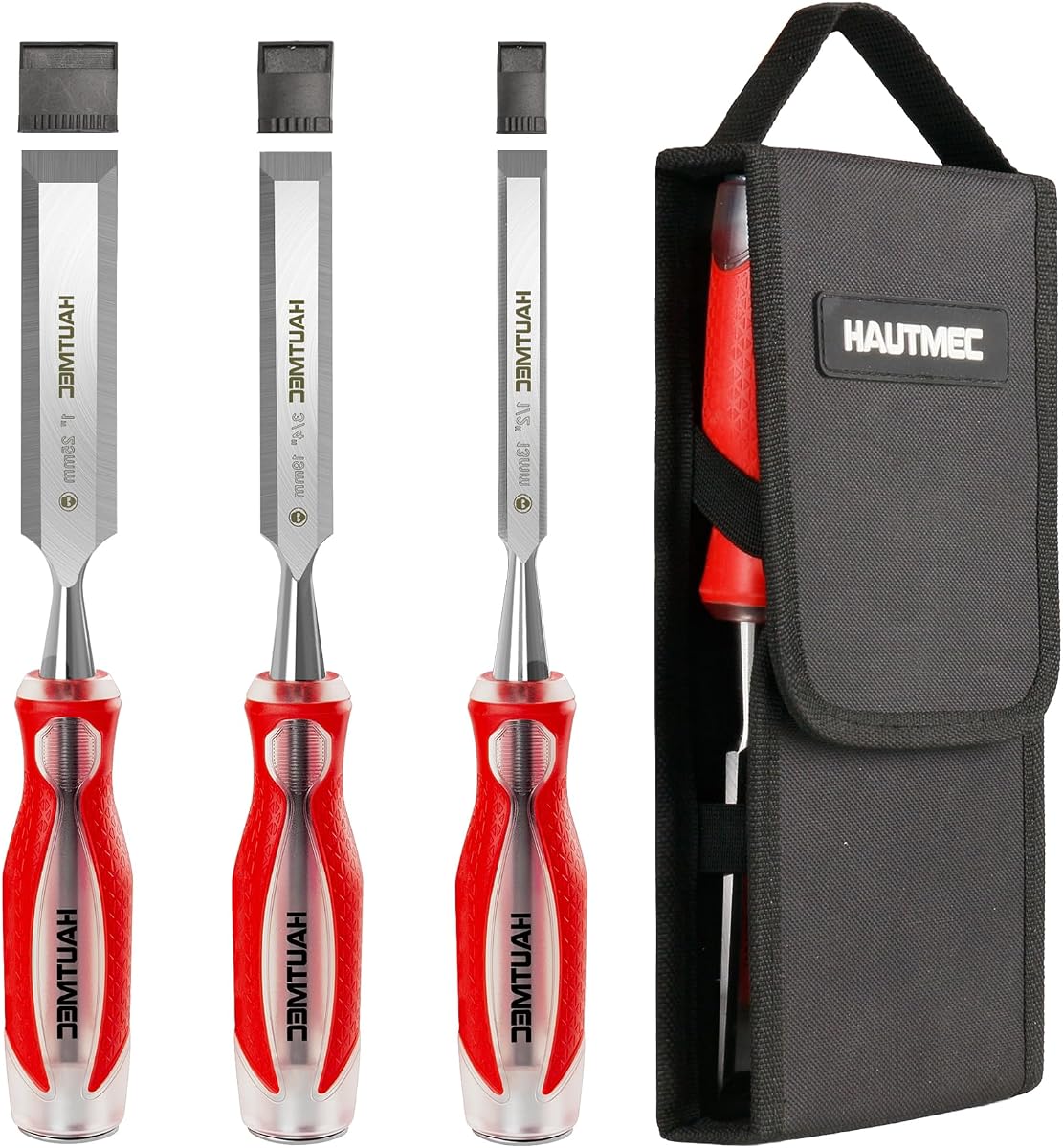 Wood Chisel Sets, 3 Piece Chisel Set for Woodworking, Full Tang Drop-Forged CR-V Steel Beveled Edge Blades with Carry Storage Bag and Ergonomic Non-Slip Handles