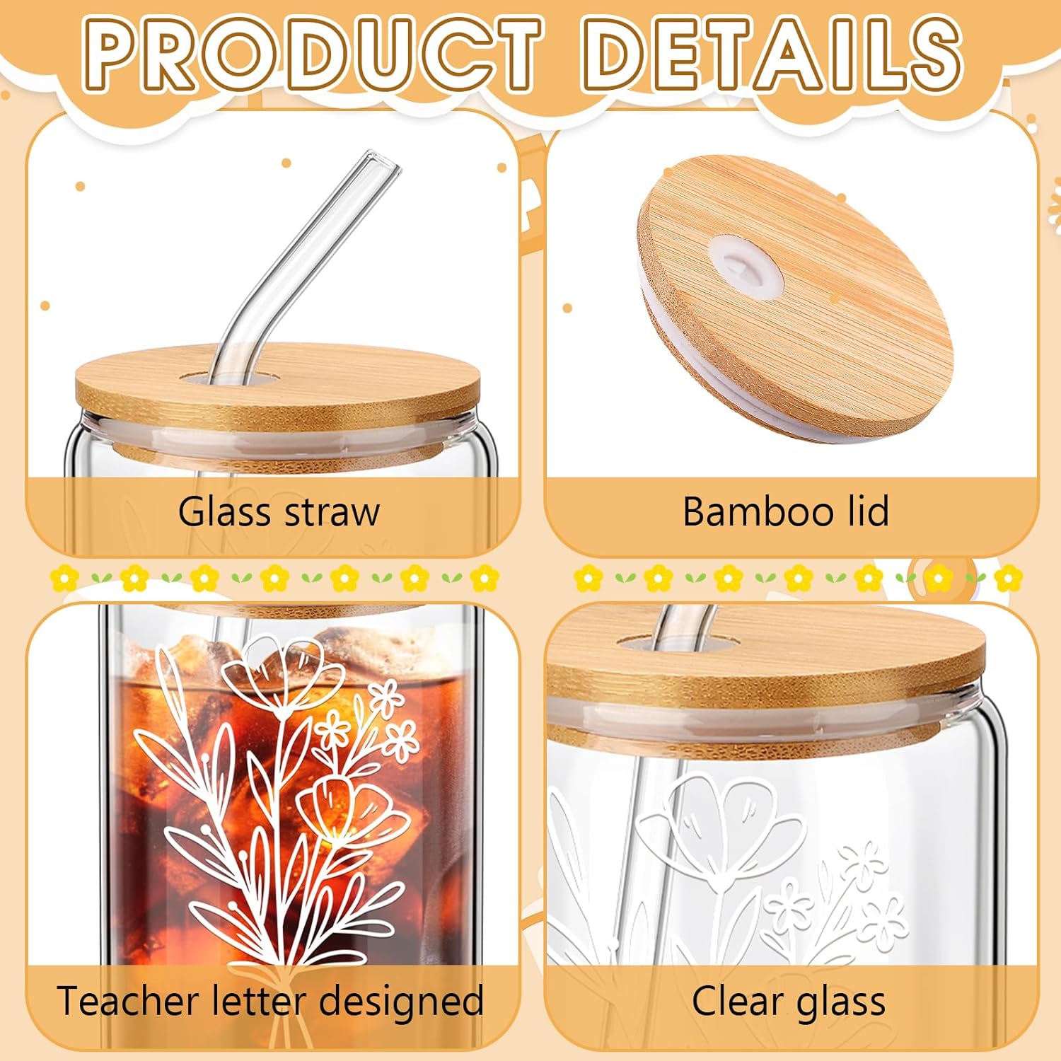 6 Pcs Flower Glass Cups with Lids and Straws Christmas Employee Coworker Gifts 16 oz Cute Floral Iced Coffee Mugs Tumbler Bulk Aesthetic Bridesmaid Proposal Gifts for Women Her (Classic)