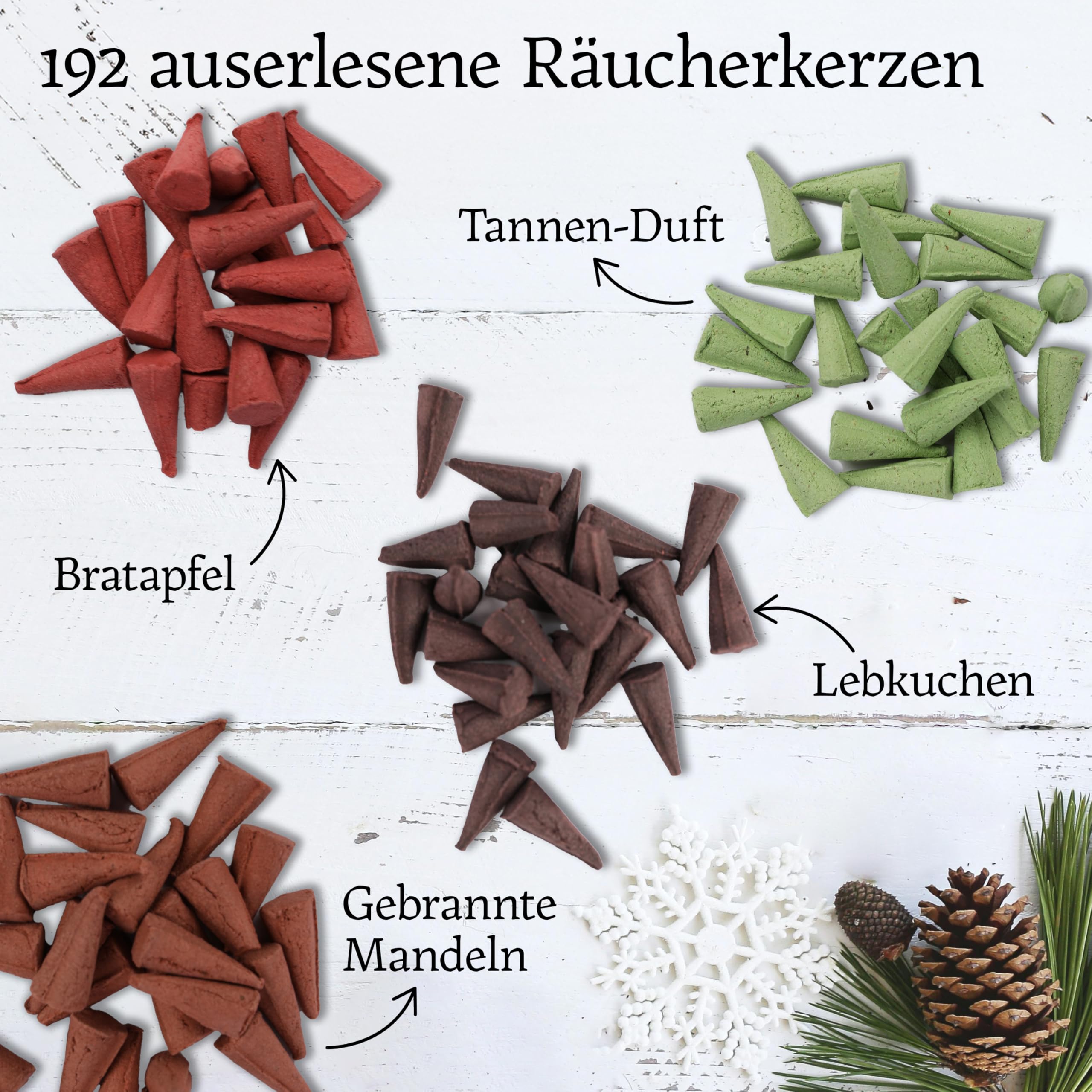 Knox-Räucherkerzenset – 4 geurvarianten (dennengeur, wierook-mirre, kerstgeur & gebraden appel) incl. kaarshouder – Traditionele wierookkegels gemaakt in Duitsland