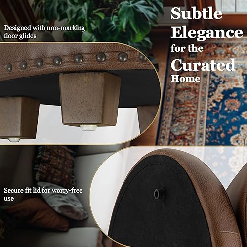 Miniatura 5 de Homepop Decoración del hogar Otomana de almacenamiento redonda tapizada con tachuelas Otomana con almacenamiento para sala de estar y dormitorio,