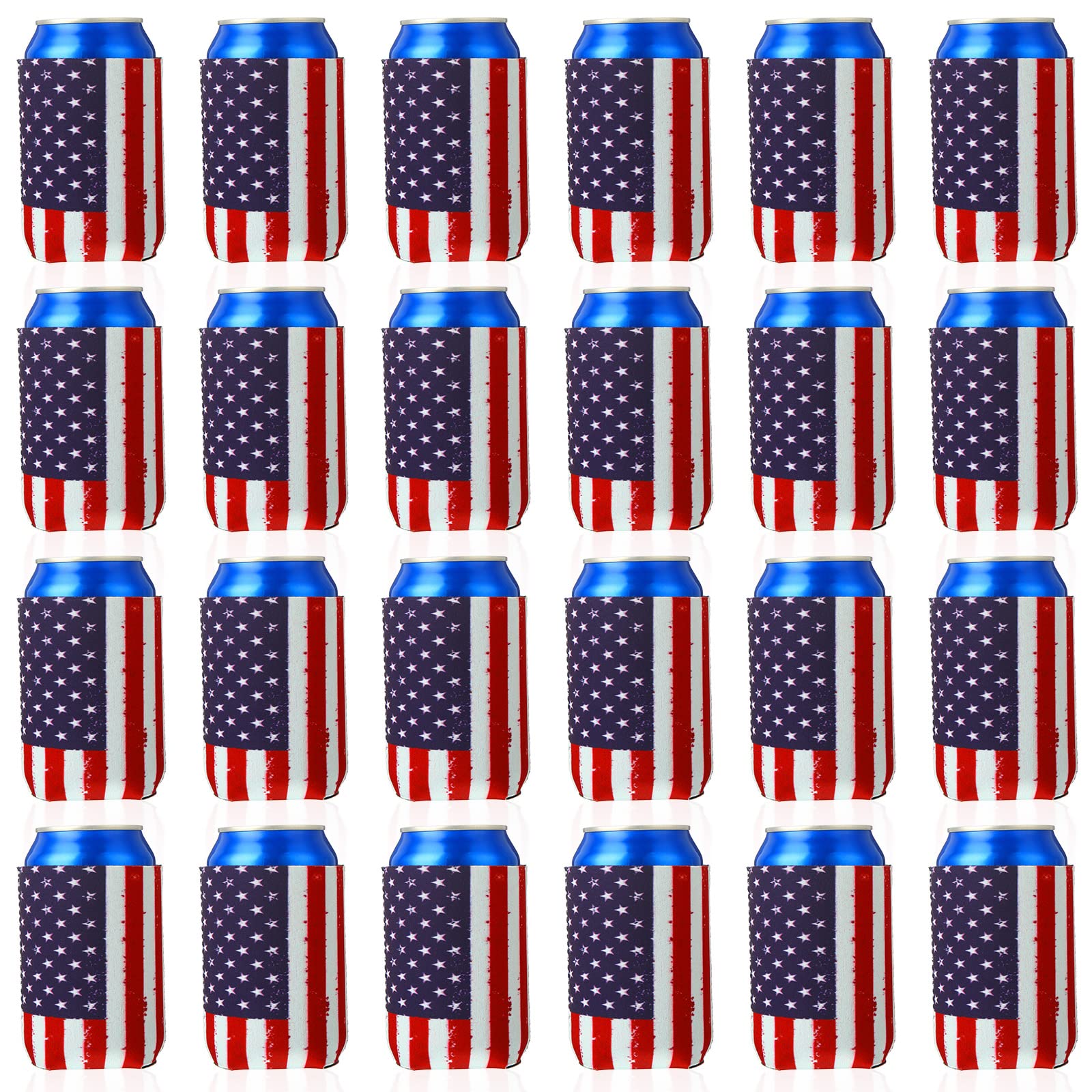 24 Pcs Summer Can Cooler Sleeves Reusable Usa Flag Can Cooler Collapsible American Flag Can Covers for Beer DIY Neoprene Beer Bottle Cooler Insulation with Stitches for Drink Holder Party, 12 oz