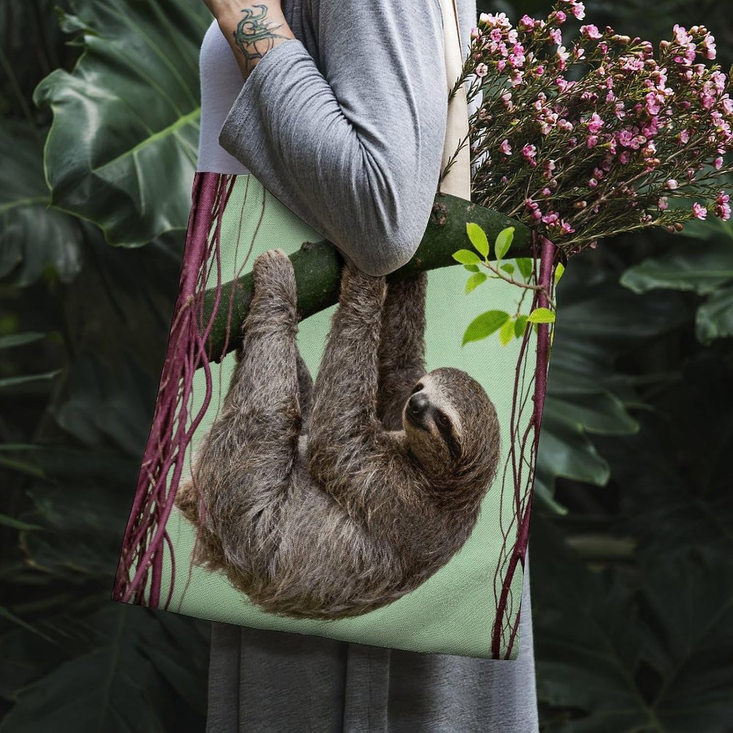 Sloth Hanging on Fig Canvas Tote Bag Reusable Grocery Bags Foldable Soft Cotton Shoulder Carry Bag