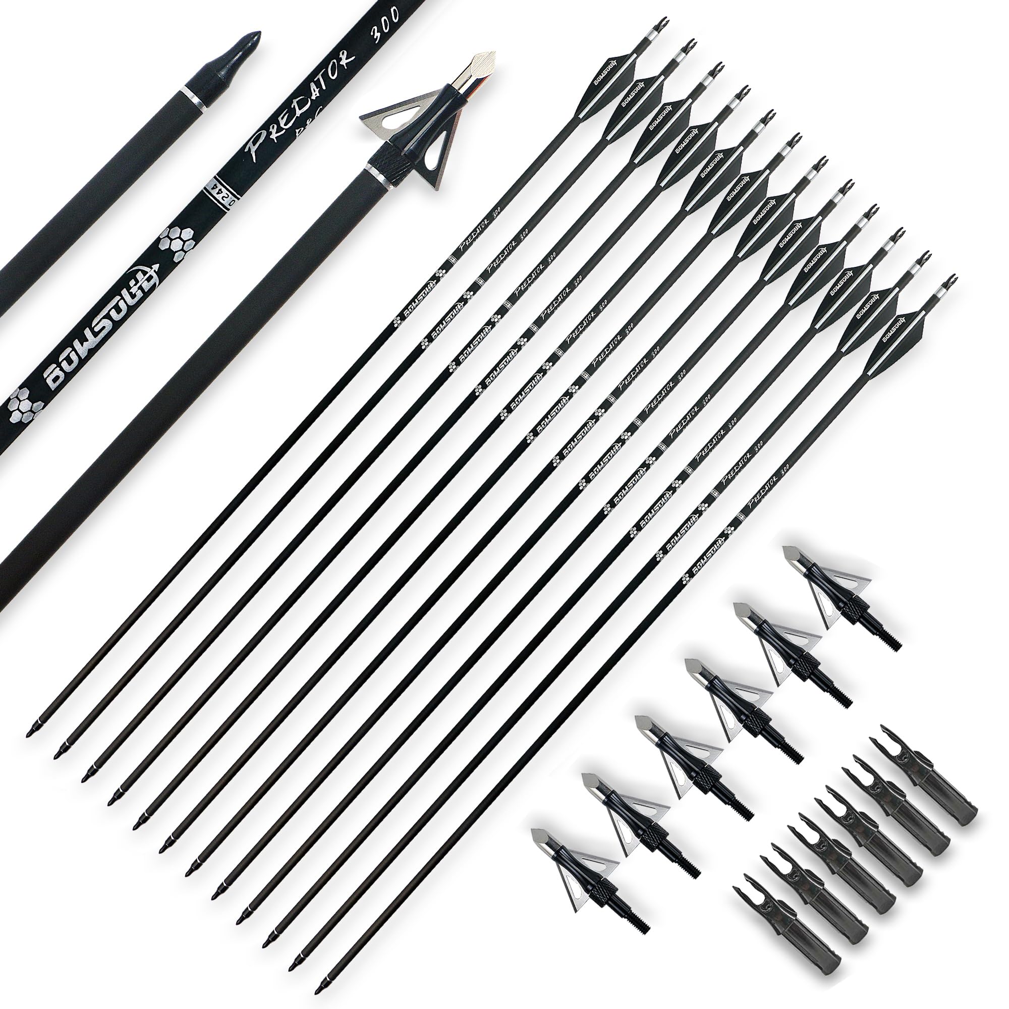30inch Hunting Carbon Archery Arrows with 6pcs 3 Blades Broadheads Spine 300/400/500 for Compound Bow and Recurve Bow
