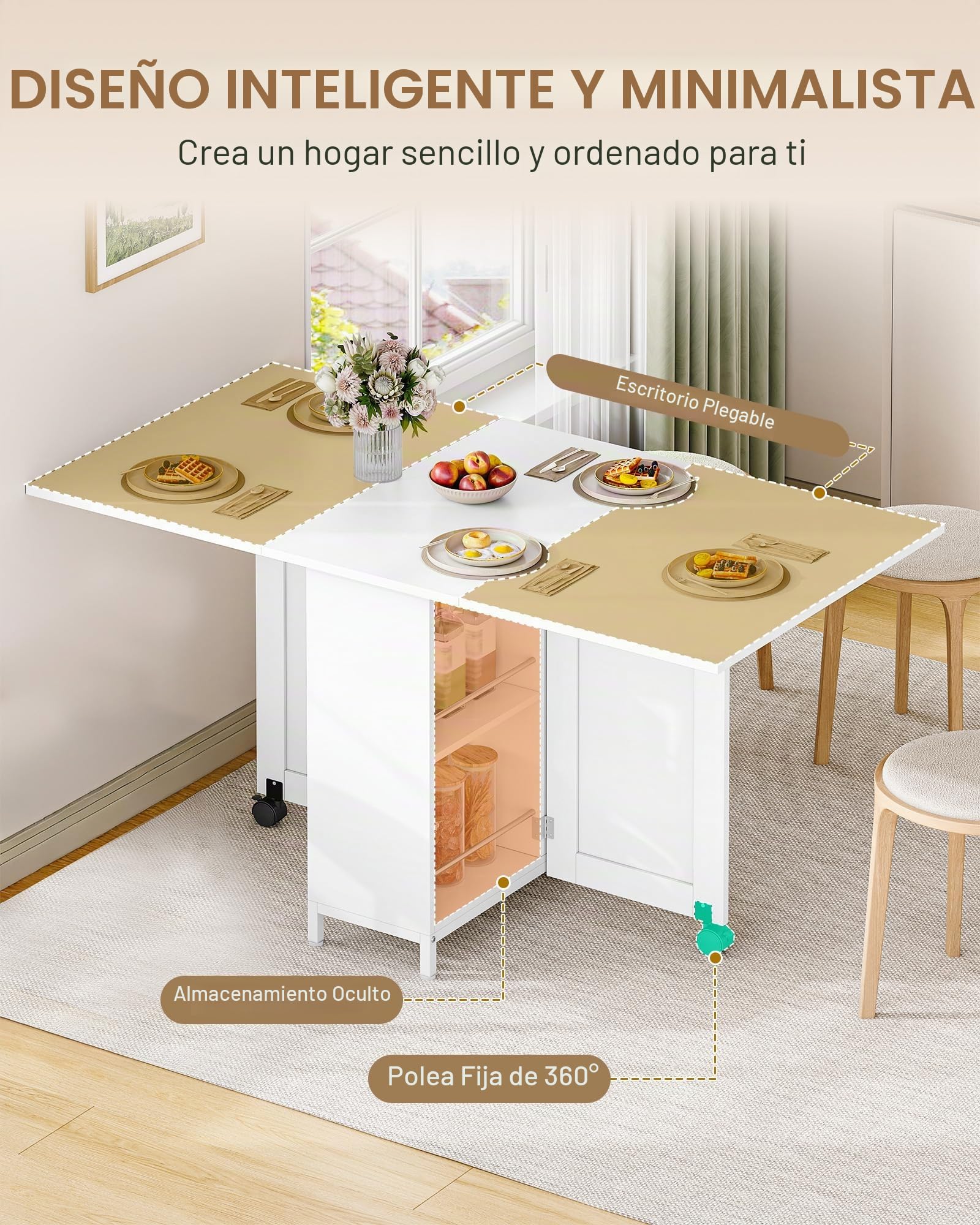 Hzuaneri Mesa Plegable Comedor, con Cajones, 140 x 75 x 75 cm, Blanco | Ahorra Espacio, con Compartimentos de Almacenamiento y Ruedas, Capacidad para 4 a 6 Personas, KT14003W