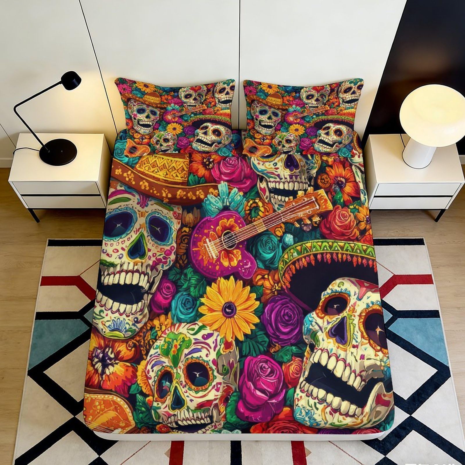 3D Printed Sugar Skull Fitted Sheet Microfiber Vibrant Floral Mattress Cover for Bedroom Dorm Decor Easy Care 120x200x25cm