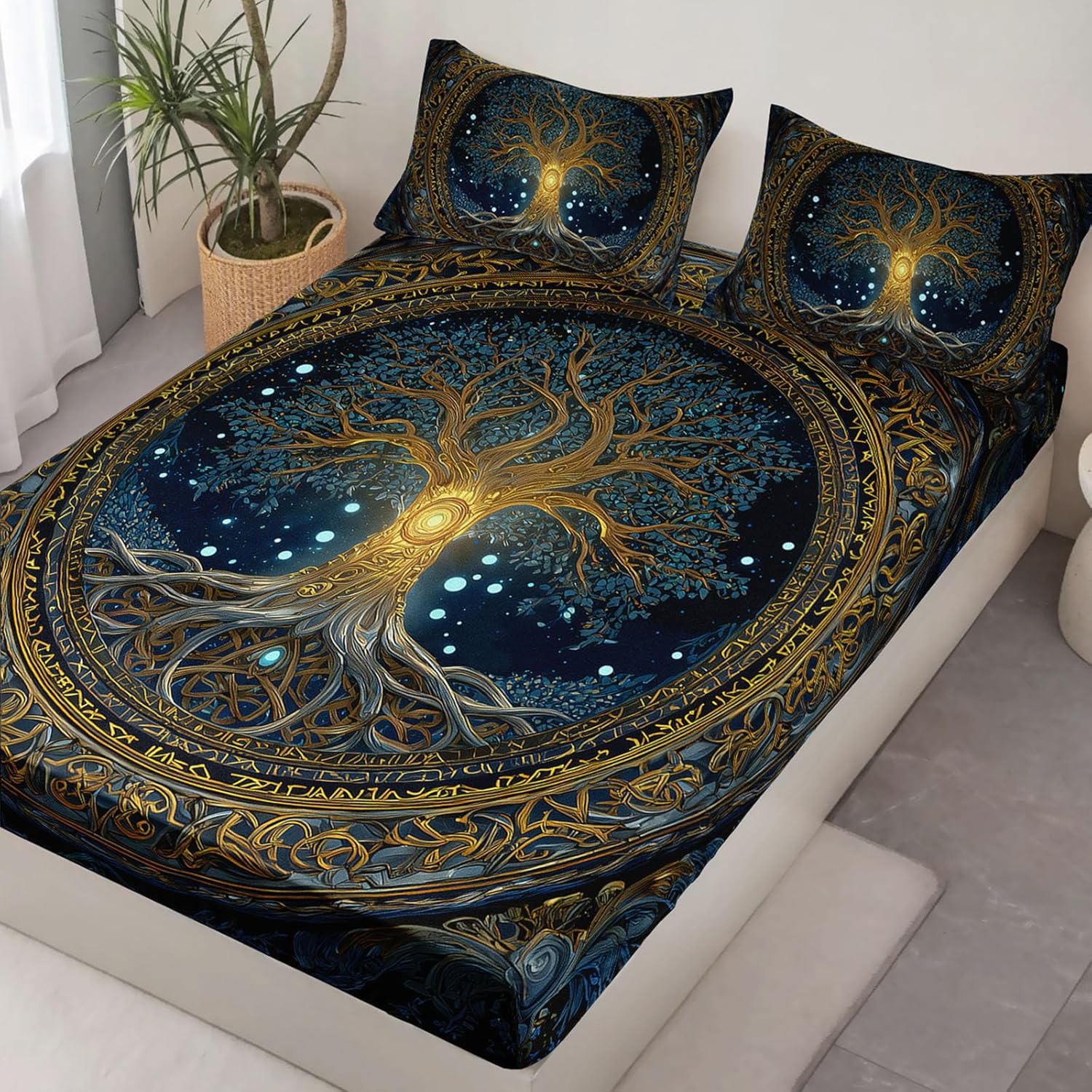AILONEN Boho Tree of Life Fitted Sheet Queen Size with 2 Pillowcases,Galaxy Mandala Decor Bedding Set 3Pcs,Bohemian Soft Bed Sheet Set for All Season