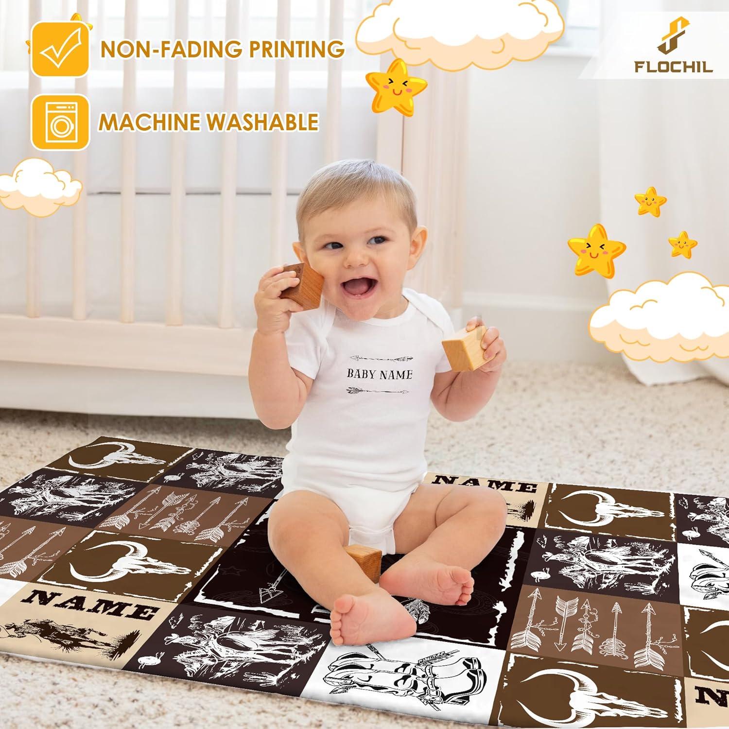 FLOCHIL Personalized Baby Blanket for Boys, Custom Baby Blanket with Name, Customized Western Baby Blanket, Gift for Baby Shower, Toddler, Babies, Newborn