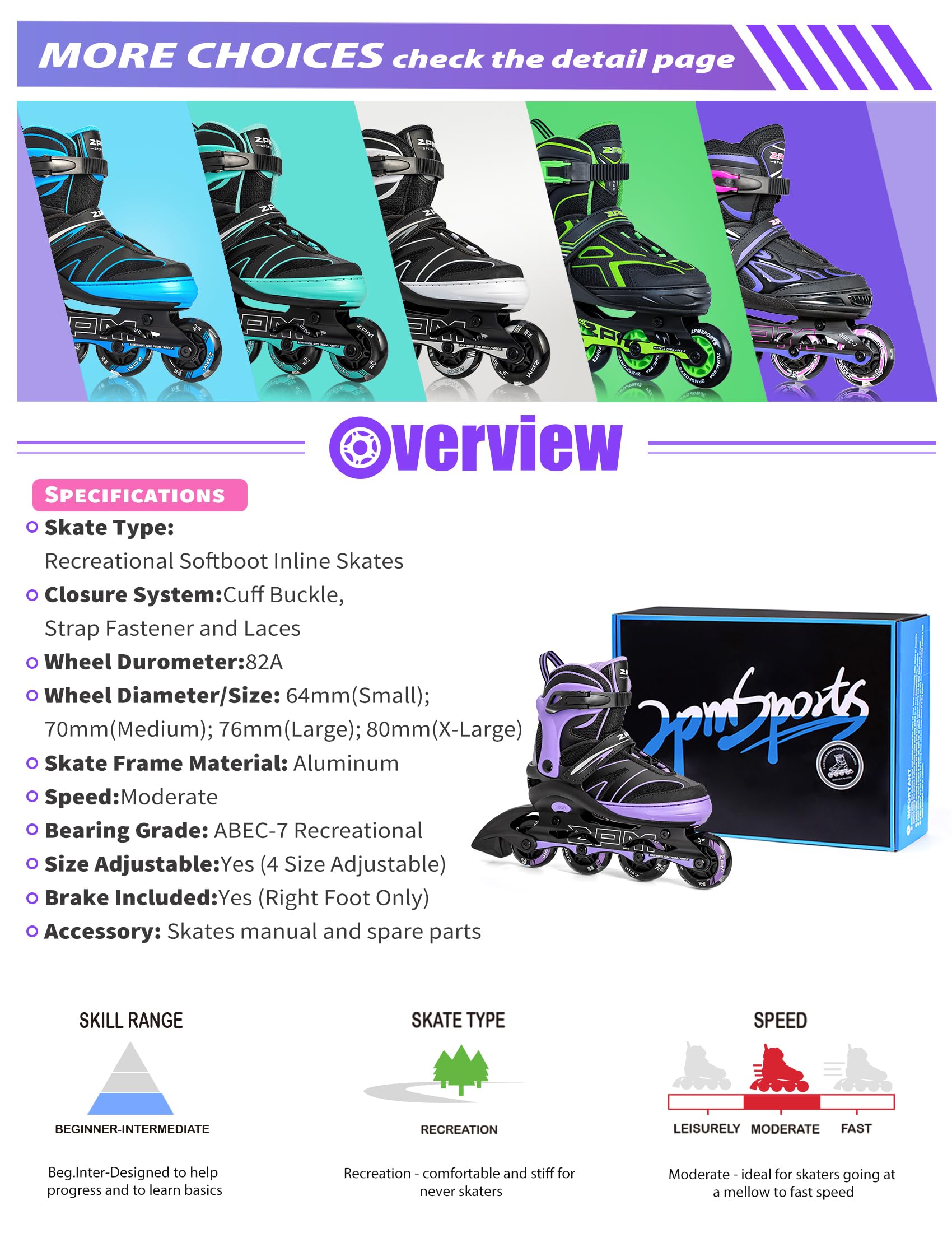 2PM SPORTS Patins en Ligne réglables pour Enfants, Filles et Garçons Patins à roulettes Légères pour Femmes/Hommes Débutants