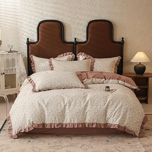 Miniatura 8 de Juego de funda de edredón floral estética, tamaño Queen, acogedor juego de ropa de cama de algodón, tamaño Queen, estilo shabby chic, verde,