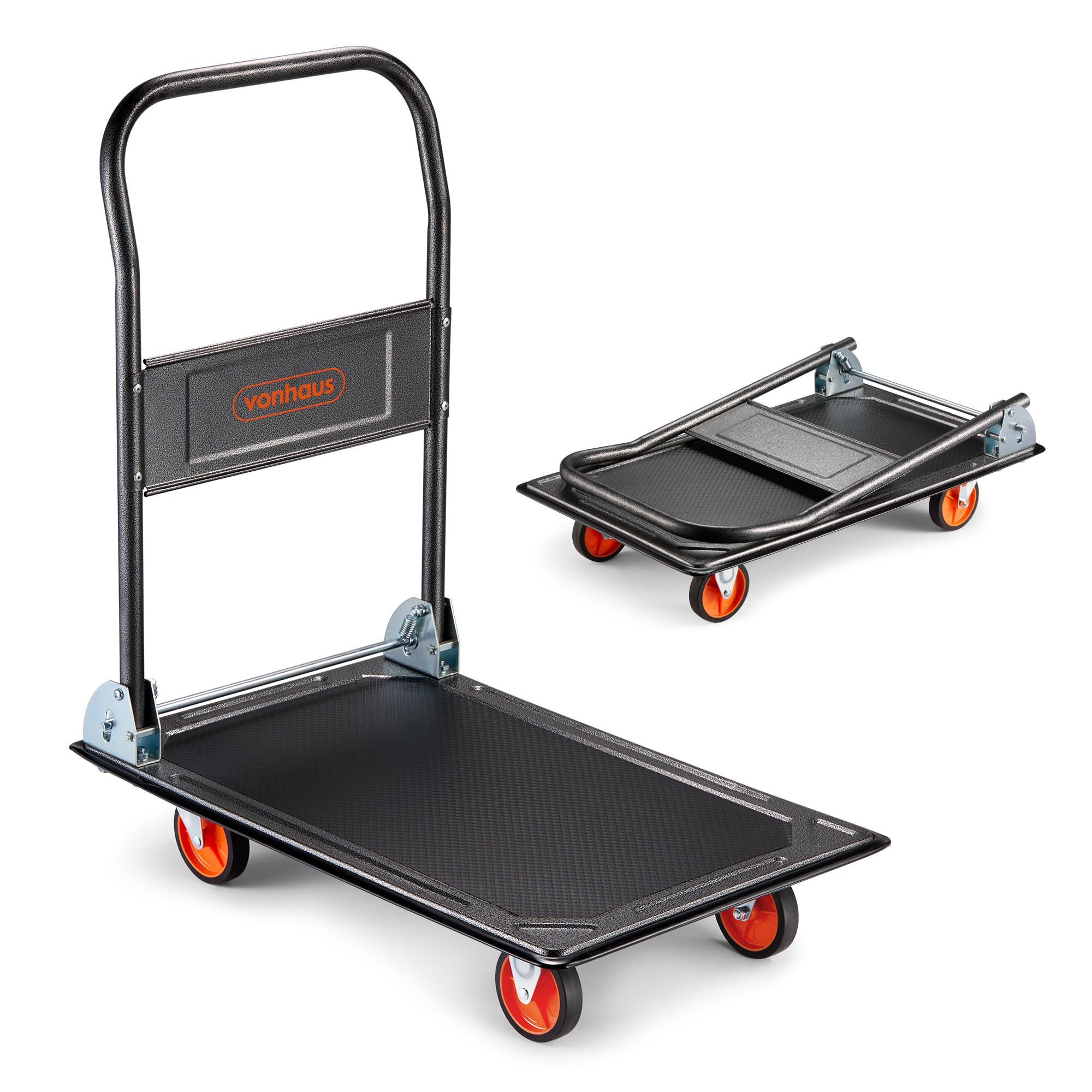 VonHaus Folding Platform Trolley - Heavy Duty Steel Hand Truck with Non-Slip Mat & Anti-Puncture Wheels - Black