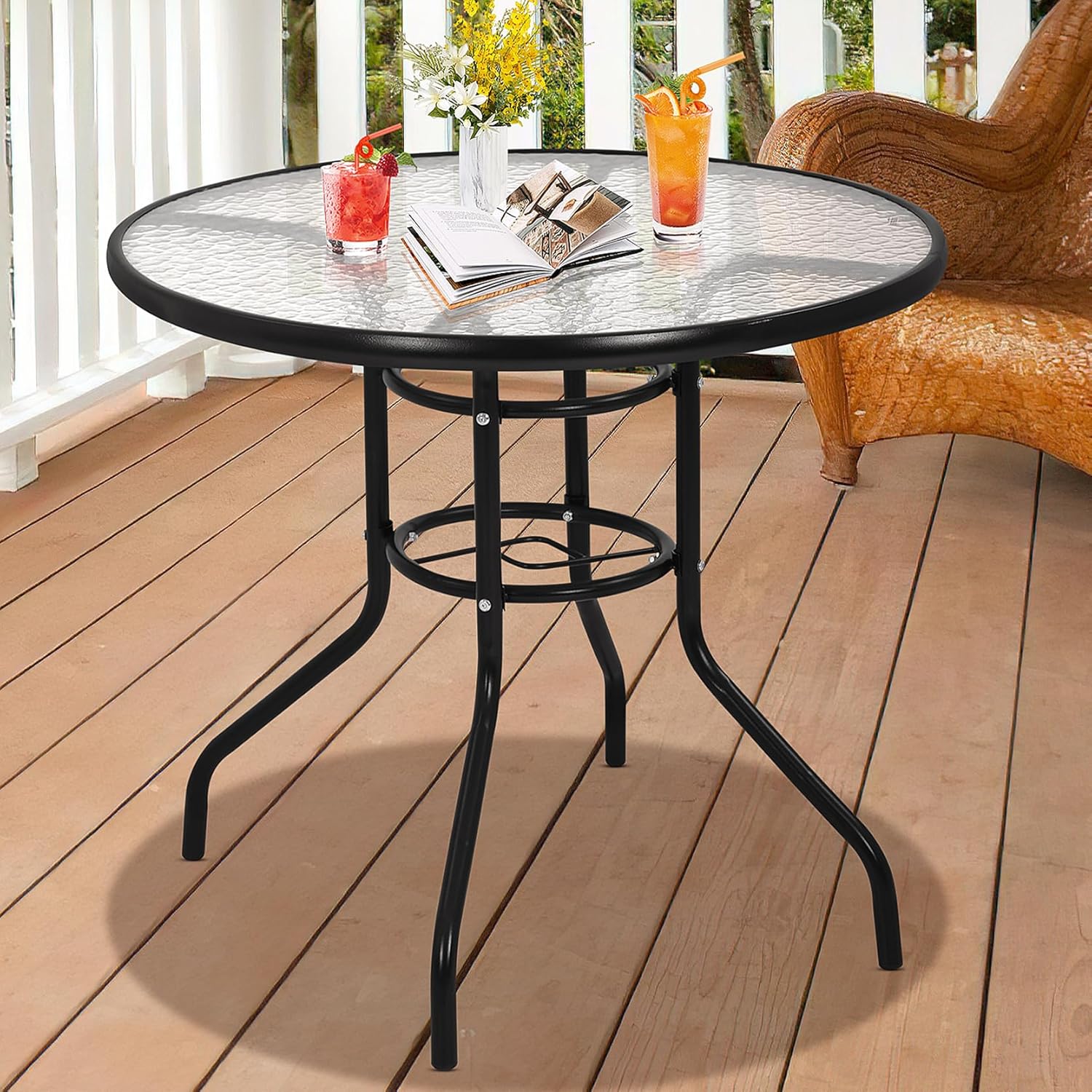 BLKMTY 32" Round Bistro Table Outdoor Furniture Garden Tables Patio Coffee with Tempered Glass Top Patio Glass Side Table for Backyard Lawn Balcony Pool, Black