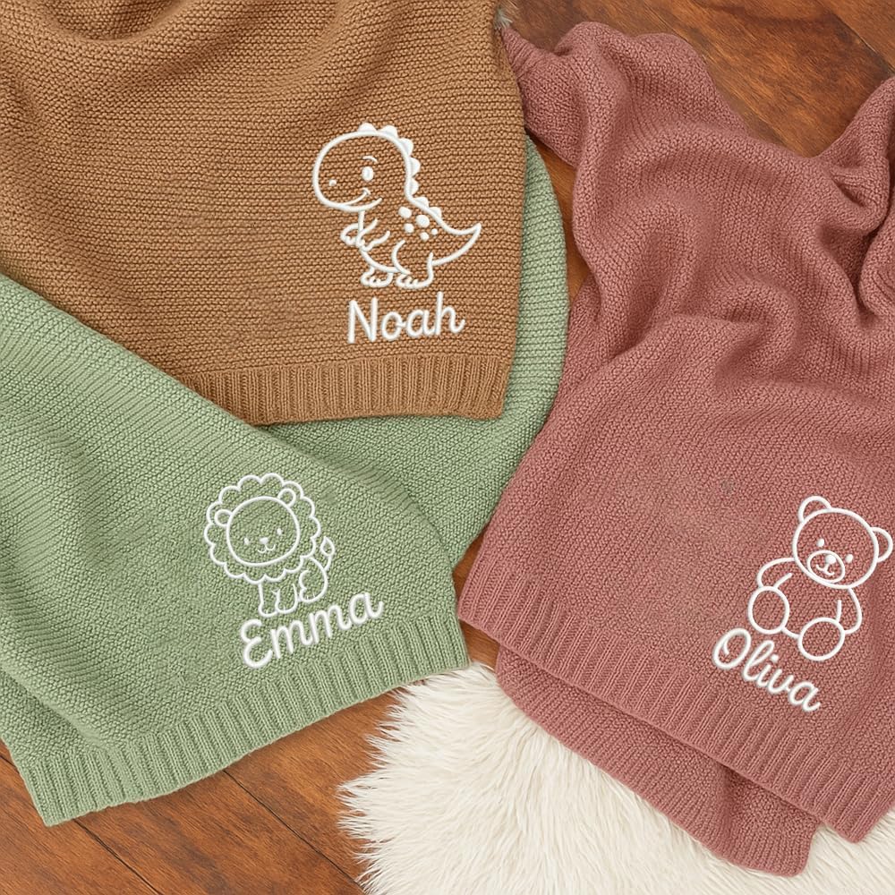 Luxury Personalized Baby Knit Blanket 30x40in, Custom Embroidered Name & Animal, 100% Soft Cotton Yarn Cozy and Breathable, Perfect Newborn Swaddle, Stroller, Crib Blanket