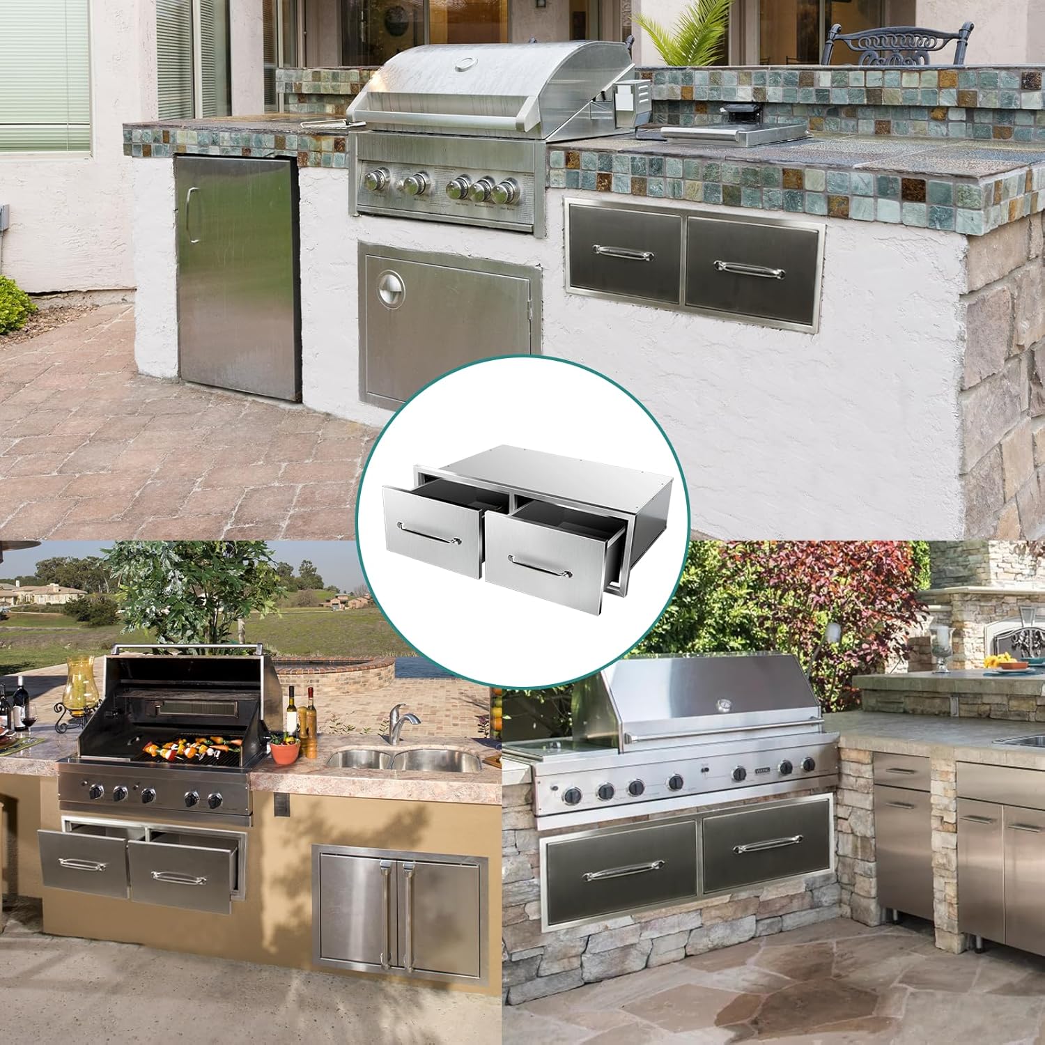 Outdoor Kitchen Drawers 30" W x 10" H x 20" D Stainless Steel Drawer Horizontal Double Drawers with Chrome for Outdoor Kitchen Island, Patio Grill Station