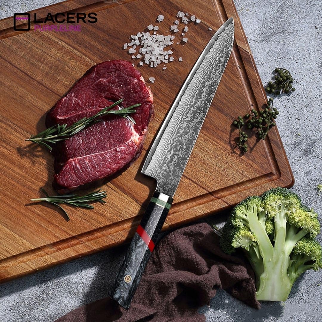 Lacers PurpleLine Damast Chefmesser 20cm Klinge (8 Zoll) Profi Küchenmesser aus Damaststahl mit Edlem Epoxidharz Griff & Geschenkbox - Extrem Scharfes Allzweck Kochmesser für Küche & Steak (M0007)
