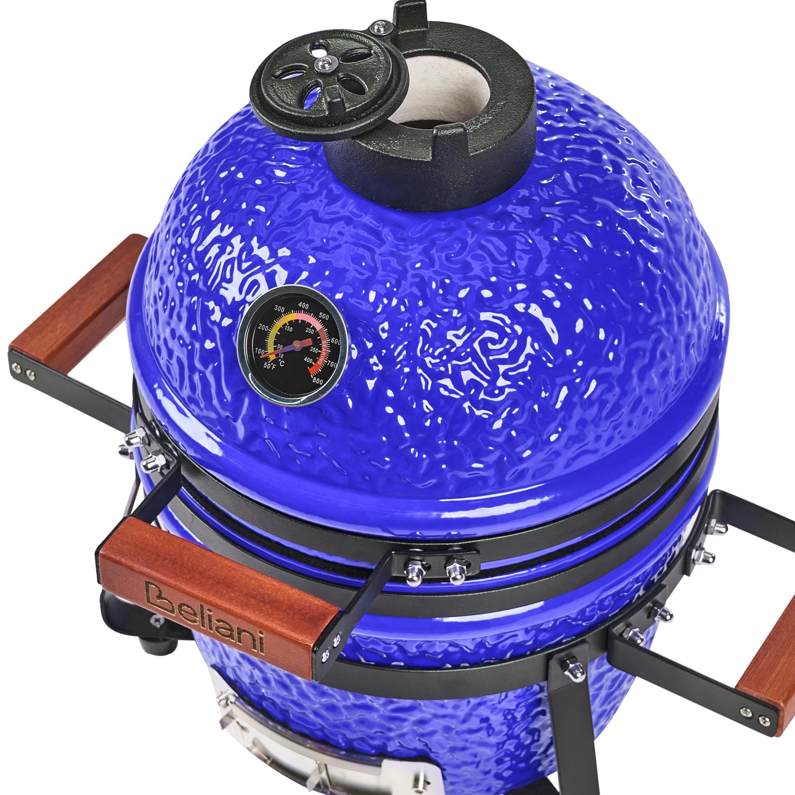 Ogrodowy mini grill węglowy ceramiczny przenośny z pokrywą termometerem rusztem niebieski Kamado