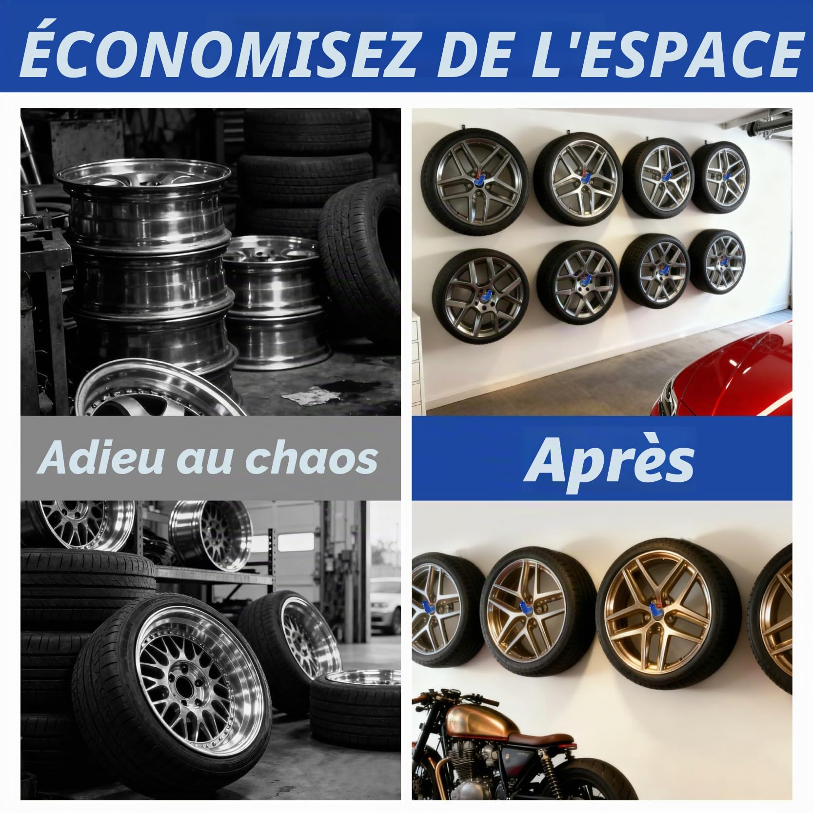 Lot de 4 porte-pneus muraux - Grands crochets de garage - Bleu - Organisateur de garage - Convient pour tuyaux d'arrosage, chaises pliantes et échelles