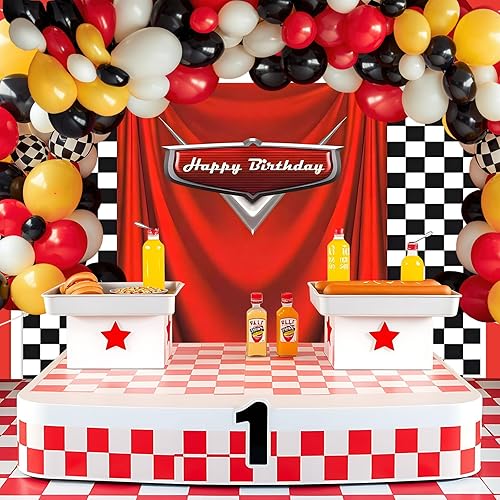 Vista 4 de Fondo de cumpleaños de coche con bandera de carreras, 5 x 3 pies, fondo de fotos de carreras a cuadros duradero para decoraciones de cumpleaños