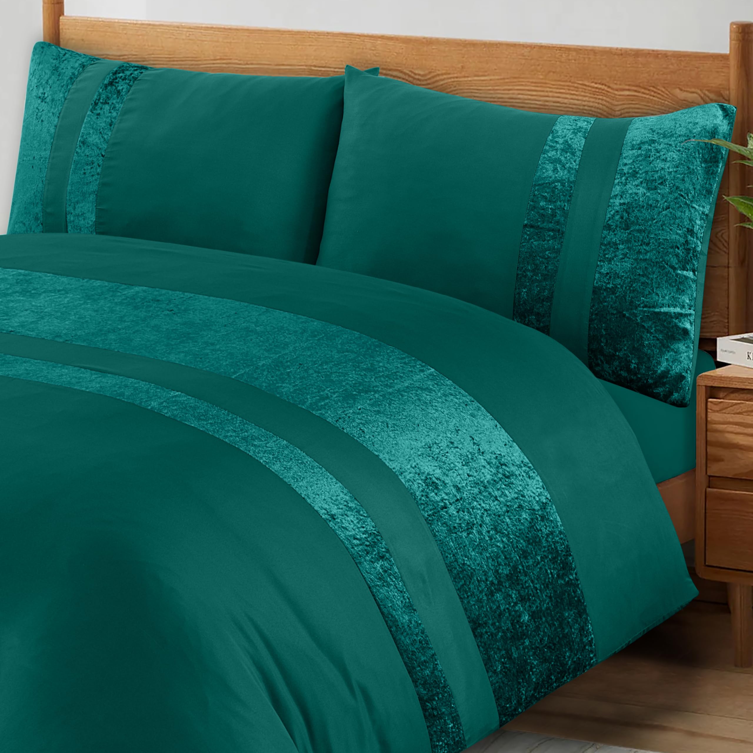 Zzzmrh Jade Luxury Crushed Velvet Superking Duvets Sets With 2 Pillow Cases – Color Crush Velvet Panel Band Superking Bedding Set