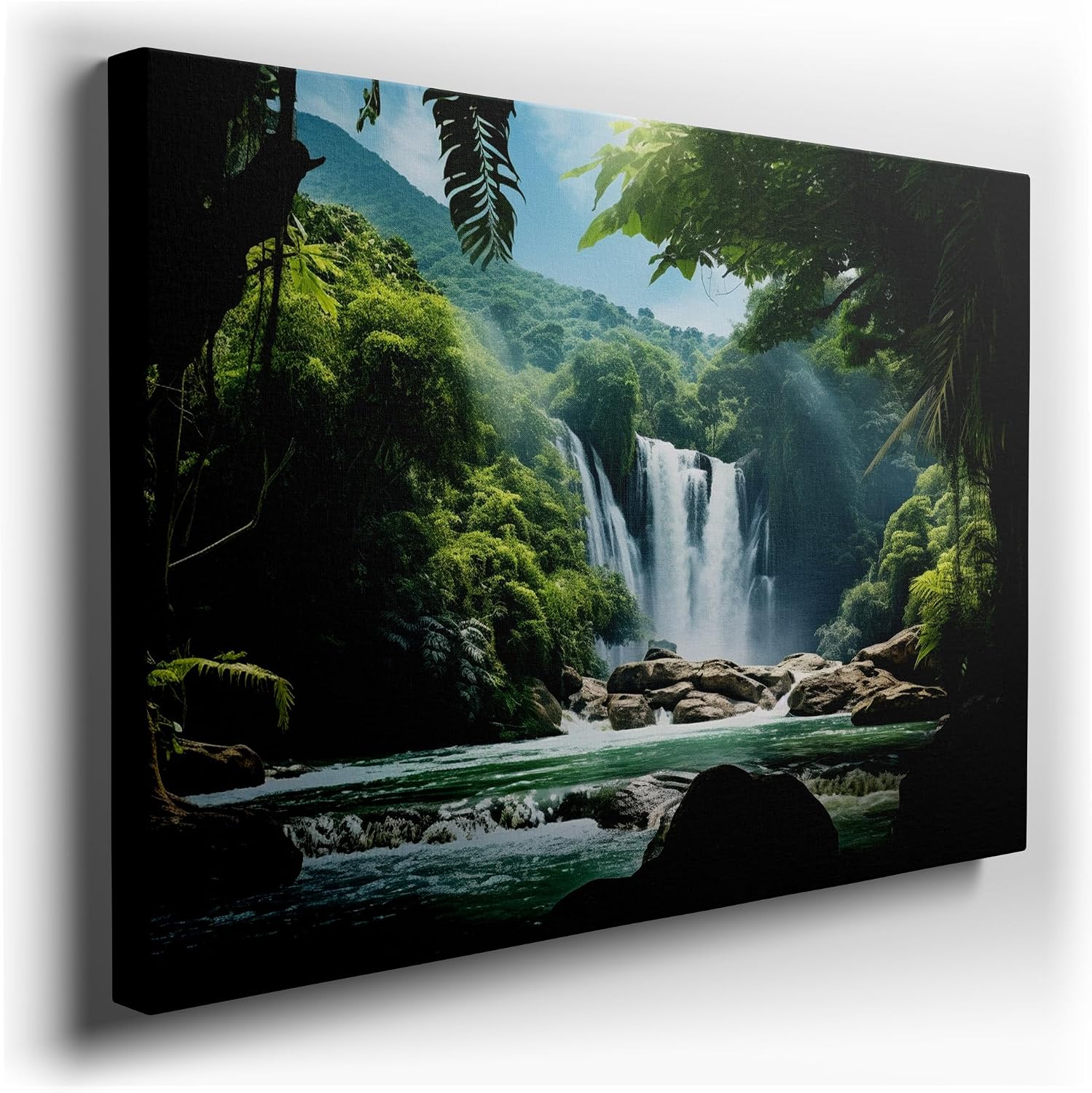 Canvas for Living room. Emerald Cascade Haven: Discover Nature's Serene Symphony in a Forest Waterfall Oasis, 27 x 18 inch Canvas Wall Art - Contemporary Masterpieces - Modern Home Decor