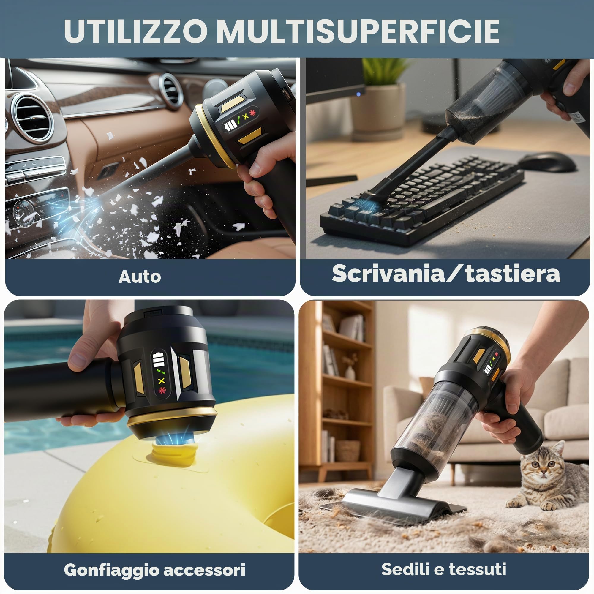 Potente aspirapolvere per auto senza fili 19.000 Pa – ricaricabile USB-C, LED incorporato, 6000 mAh – Aspirazione peli di animali, casa, ufficio e tastiera